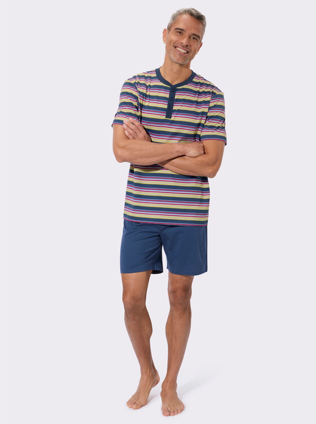 Krátké pyžamo s krátkou knoflíkovou lištou - tmavěmodrá-proužek