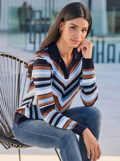 heine Polopullover im Ajourstrick - marine-bleu-gestreift