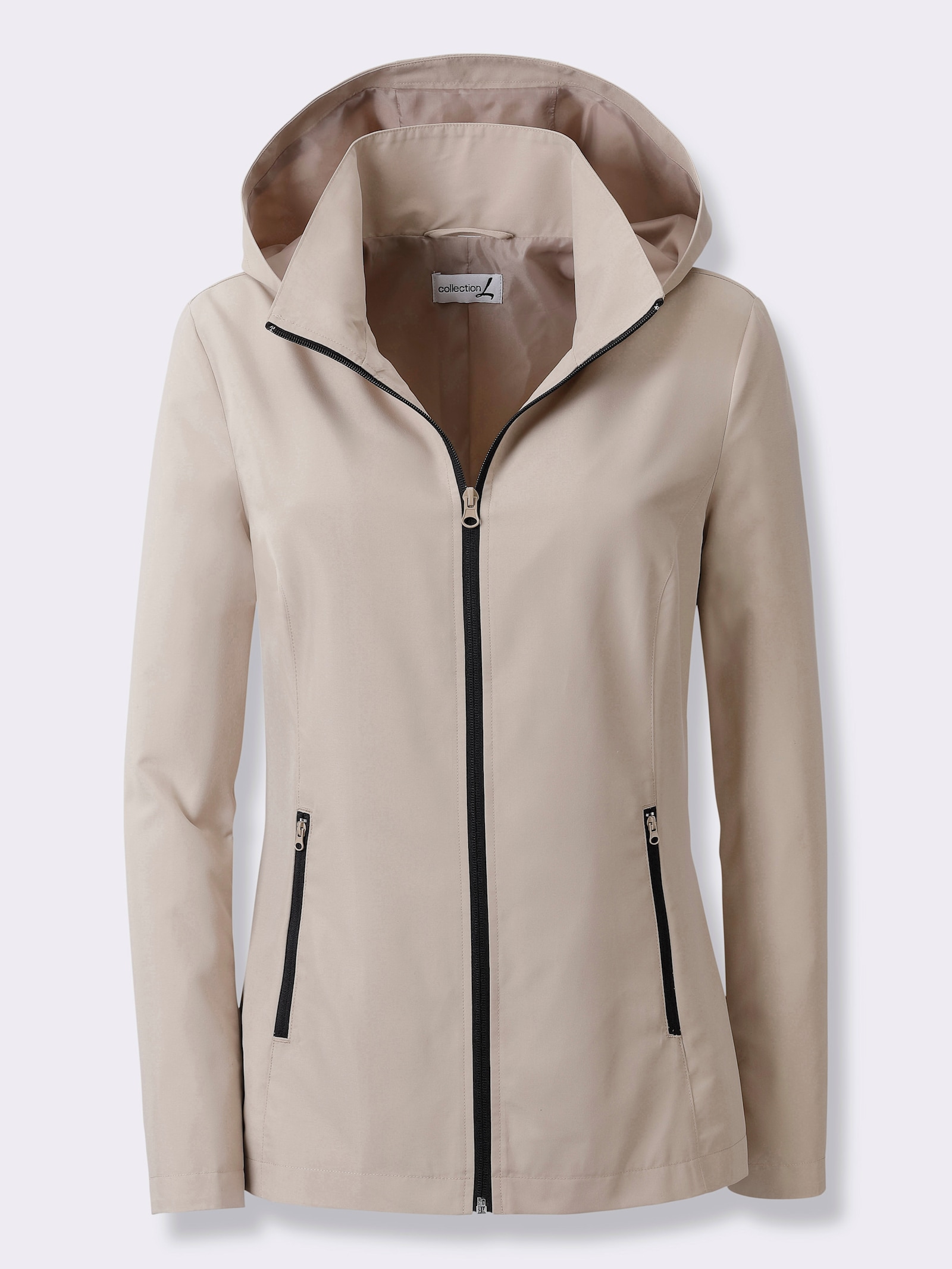 Kapuzenjacke mit Kontrast-Reissverschluss, gefüttert - beige