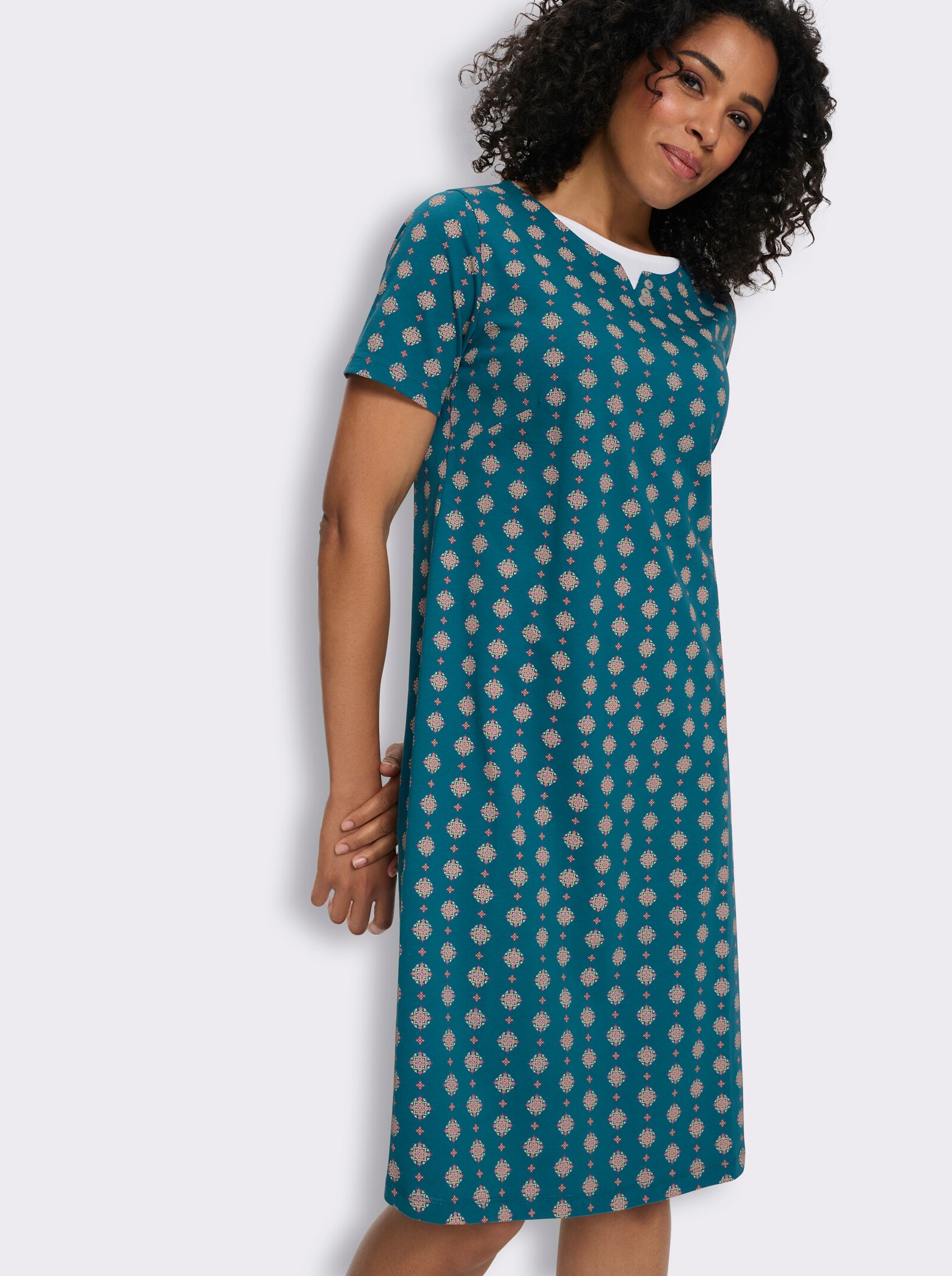 Jerseykleid mit einfarbigem Einsatz am Ausschnitt - aquapetrol-magenta-bedruckt