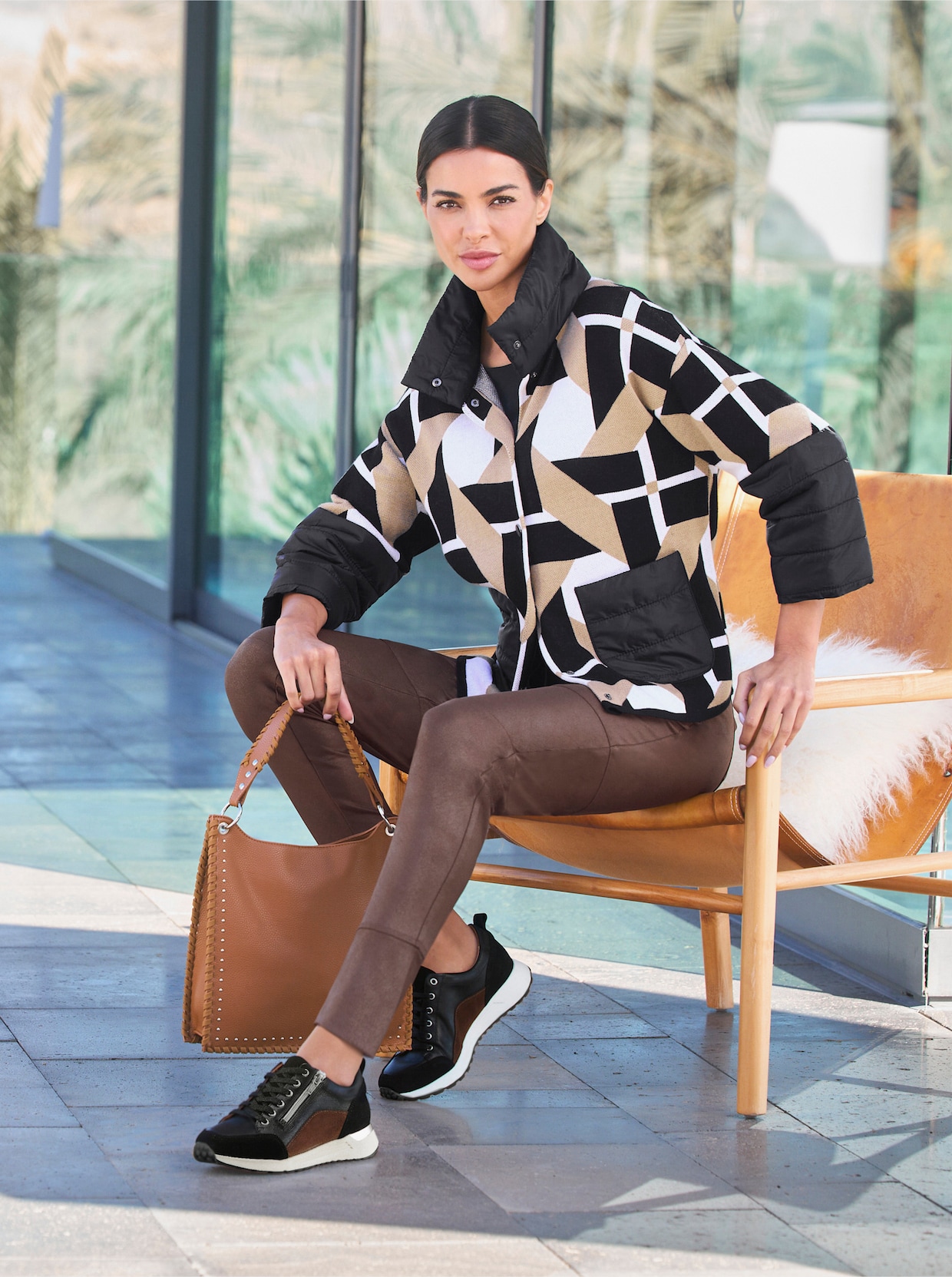 heine Jacquardvest - zwart/camel gedessineerd
