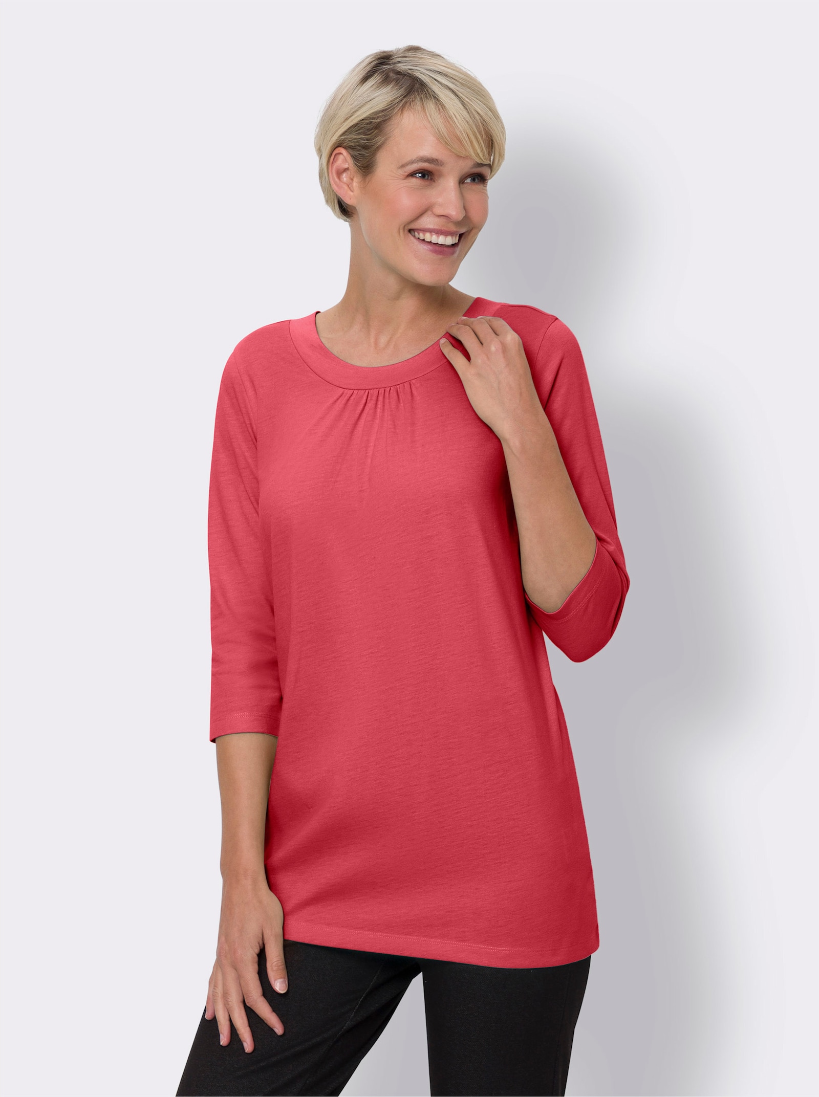 Longshirt mit Raffung am Ausschnitt - hummer-meliert