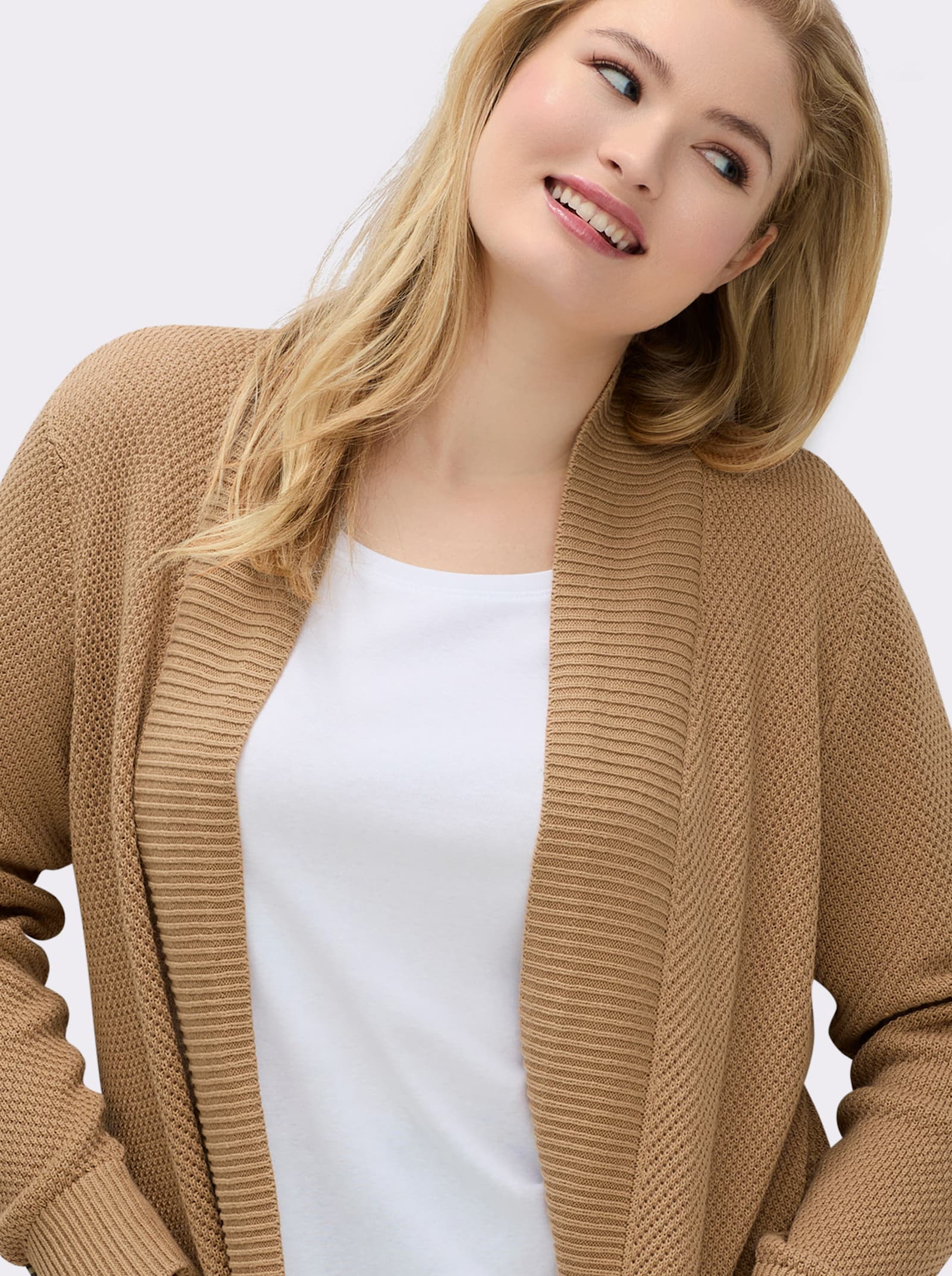 Longstrickjacke mit Struktur-Muster - camel