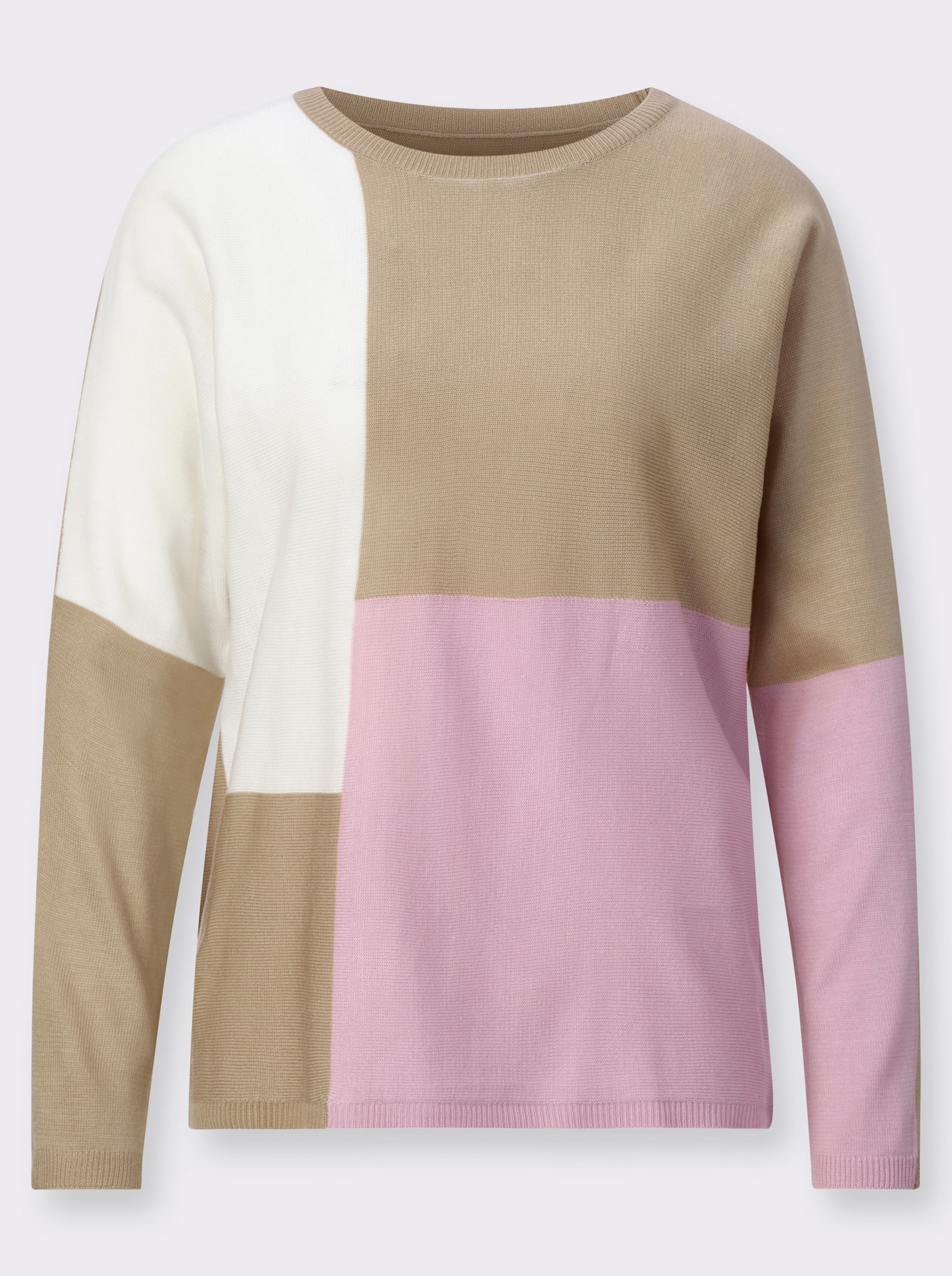 Rundhalspullover mit Fledermaus-Ärmeln - beige-ecru-gemustert