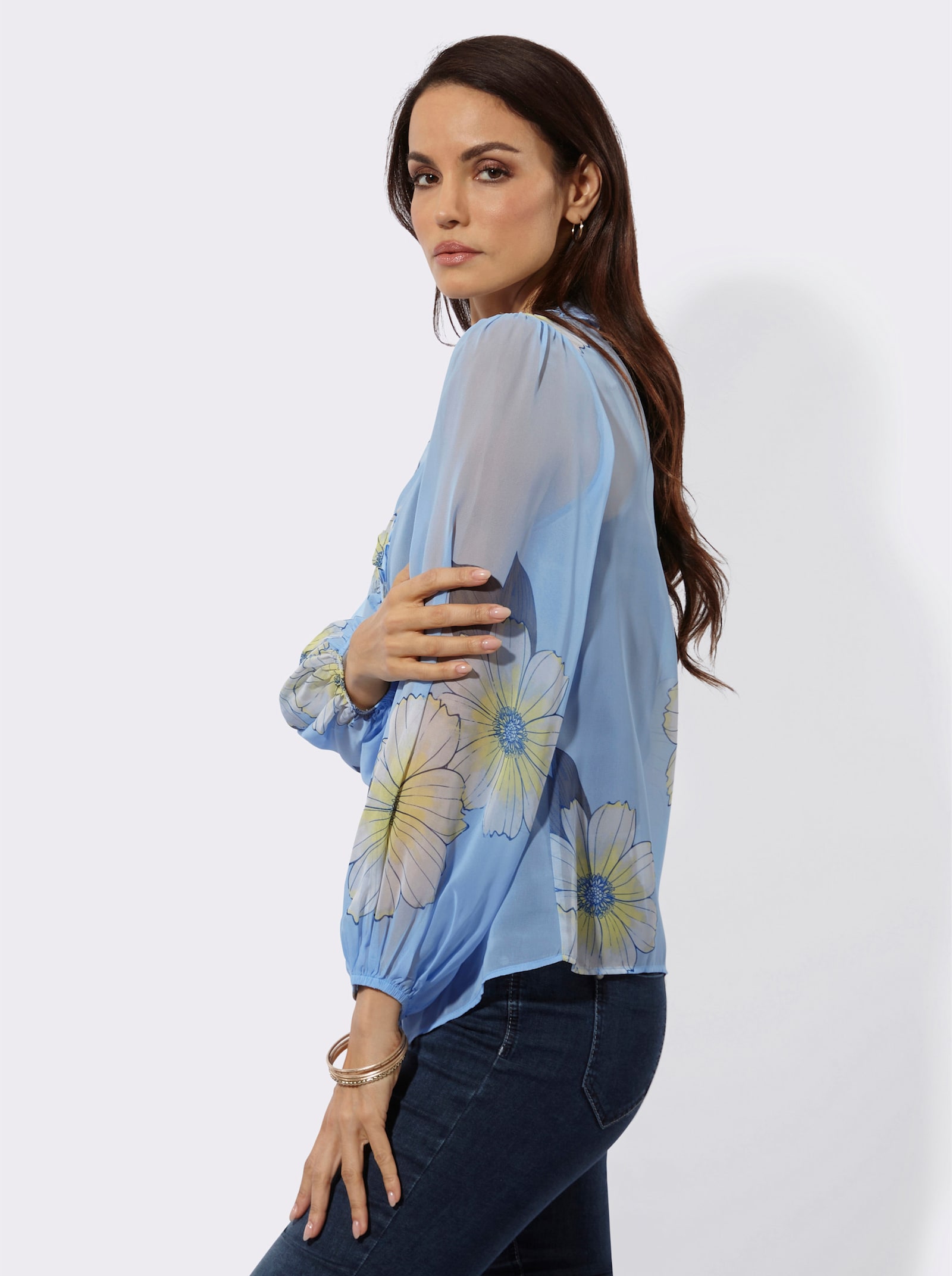 Druckbluse mit romantischen Rüschen - eisblau-ecru-bedruckt
