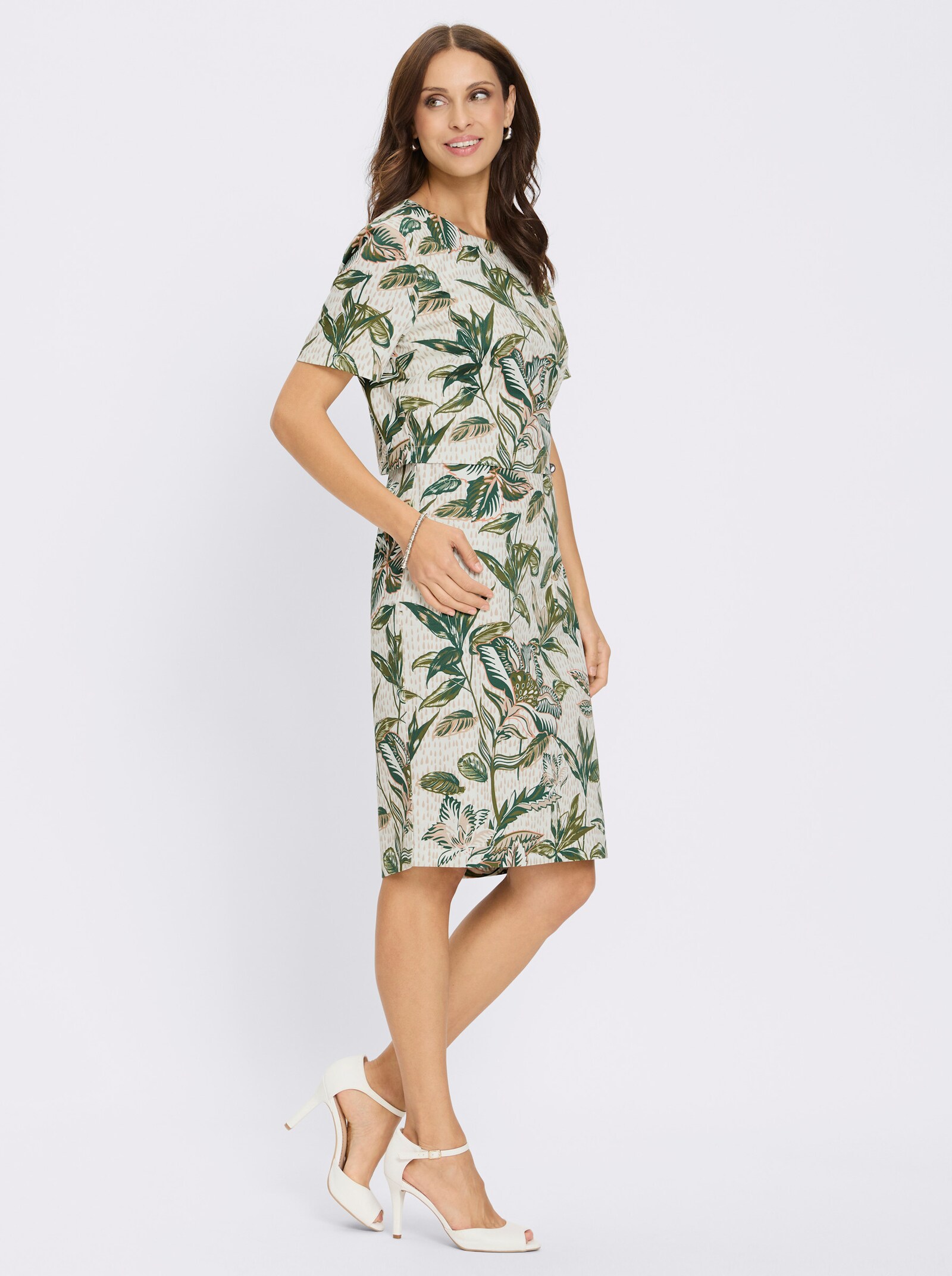 Druckkleid in 2-Teiler-Optik - ecru-oliv-bedruckt