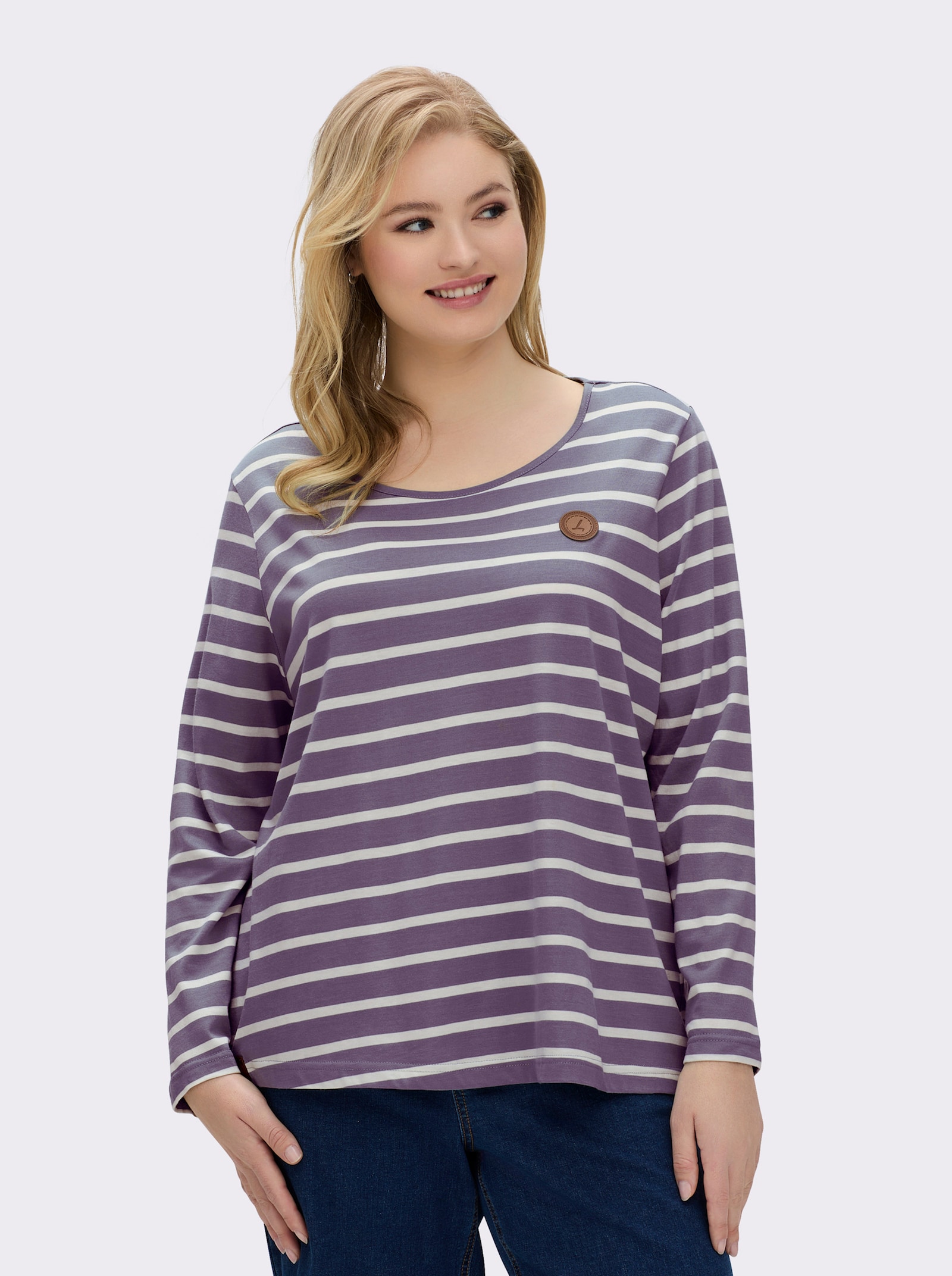 Ringelshirt mit Lederimitat-Patches - feige-ecru-gestreift