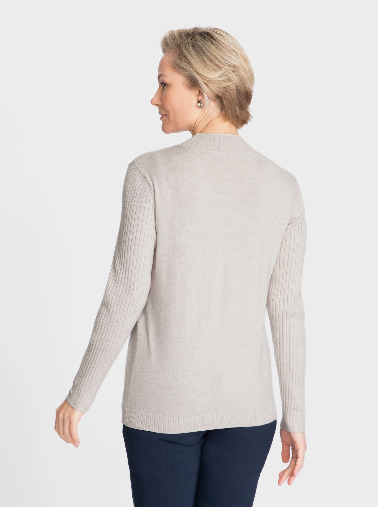 Stehkragenpullover mit Zierknöpfen - hellgrau-meliert