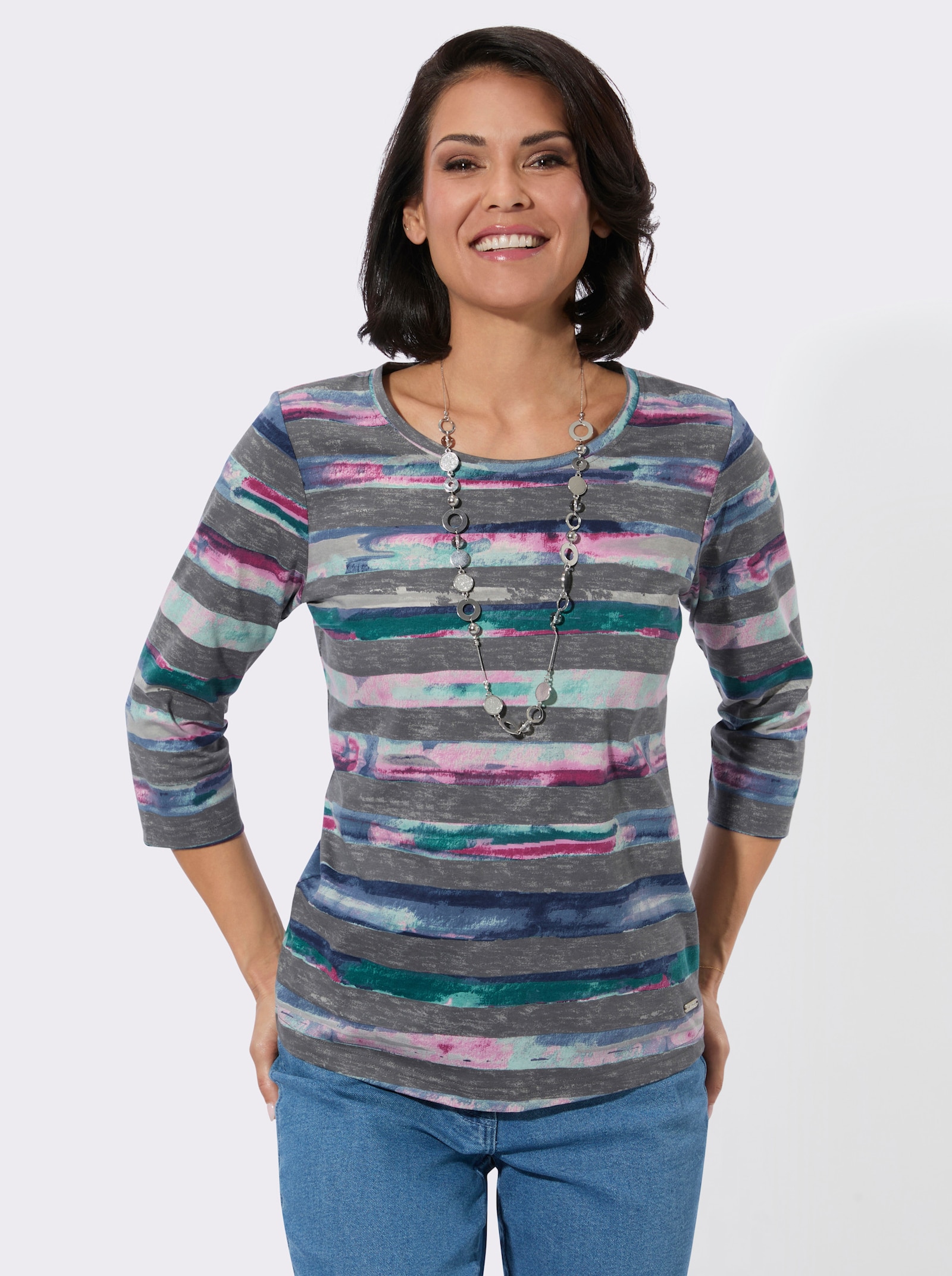 Rundhalsshirt im Ringel-Druckmuster - steingrau-aquapetrol-bedruckt