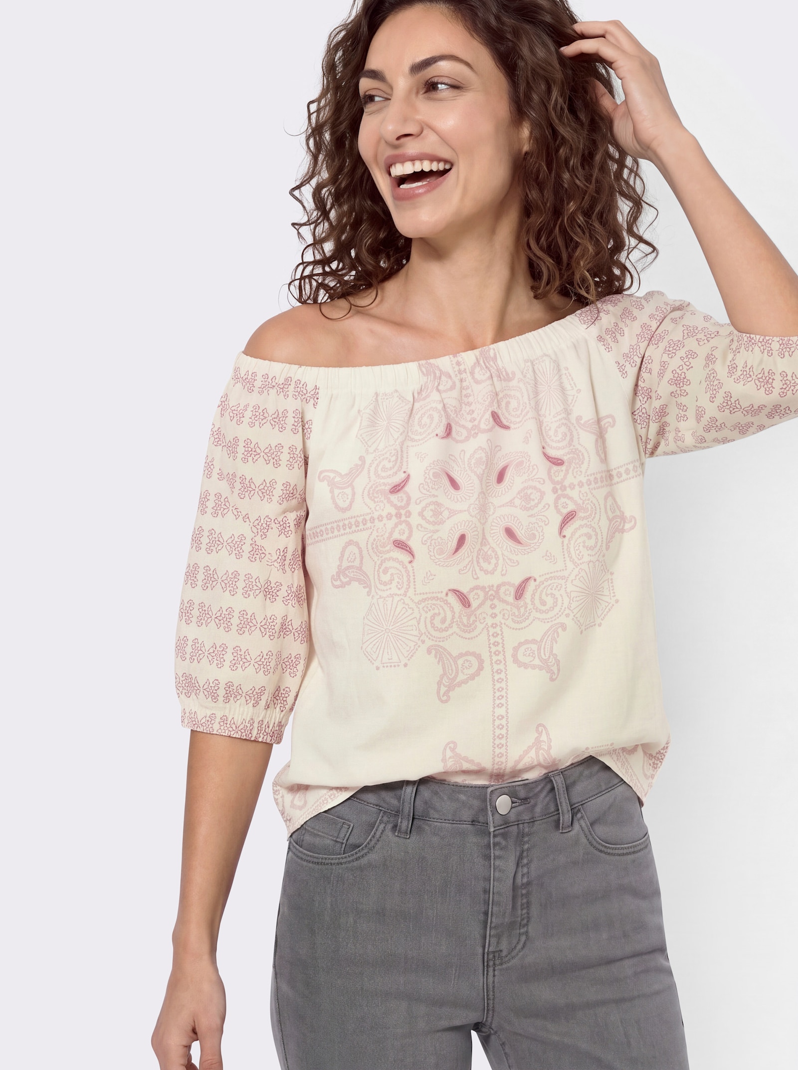 Print-Shirt mit Carmen-Ausschnitt - rosenholz-champagner-bedruckt