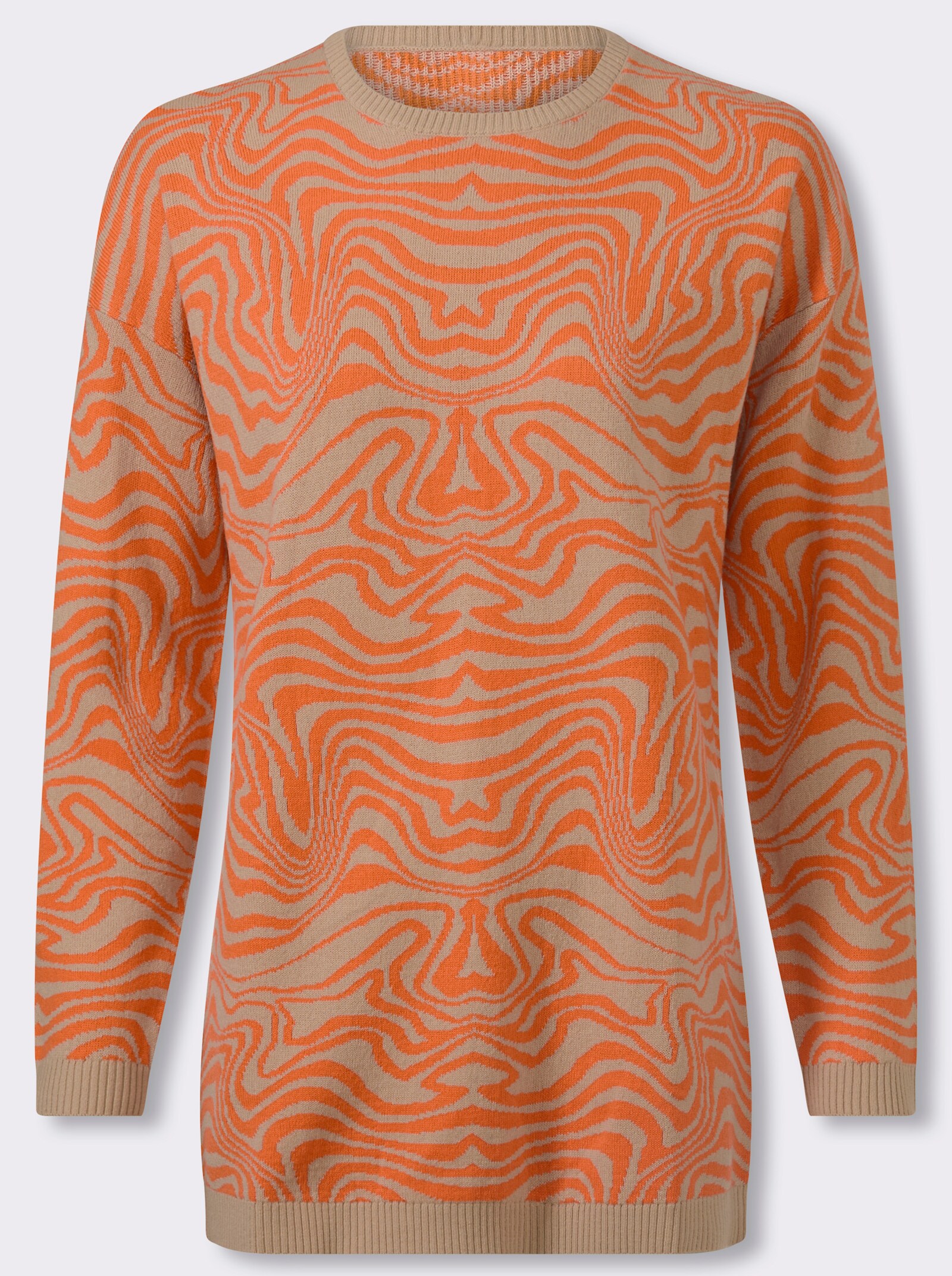 Longpullover mit Ripp-Abschlüssen - beige-orange-gemustert