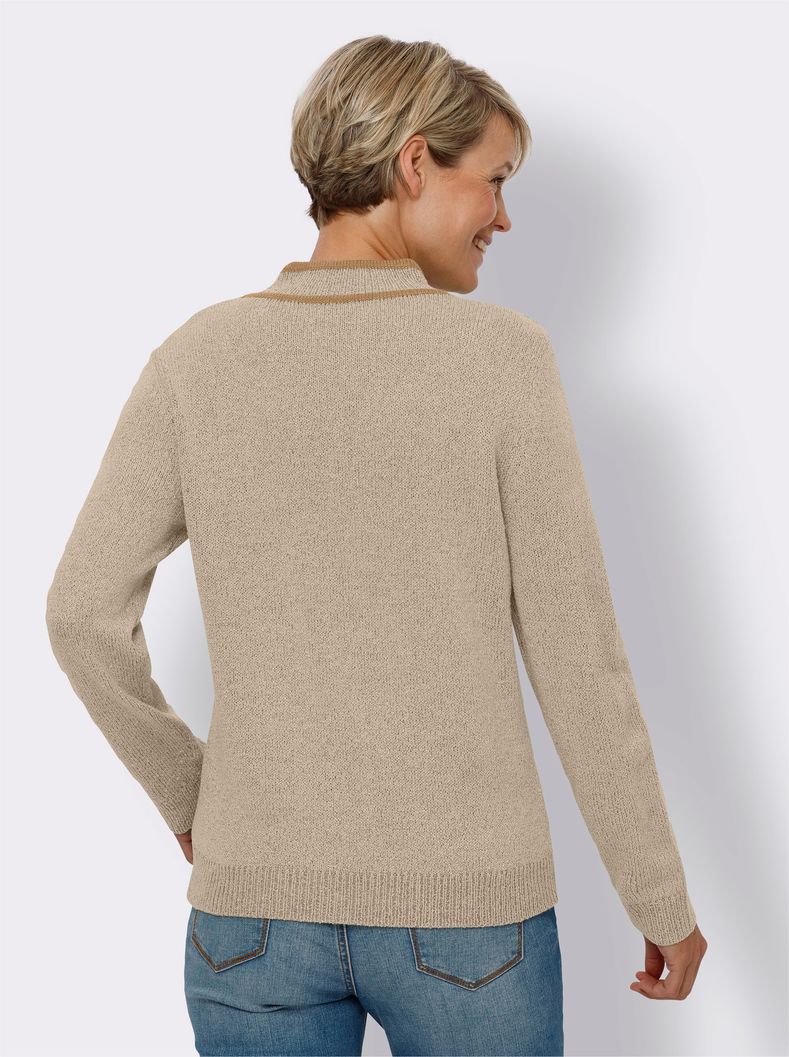 Stehkragenpullover mit Kontrast-Akzenten - elfenbein-meliert