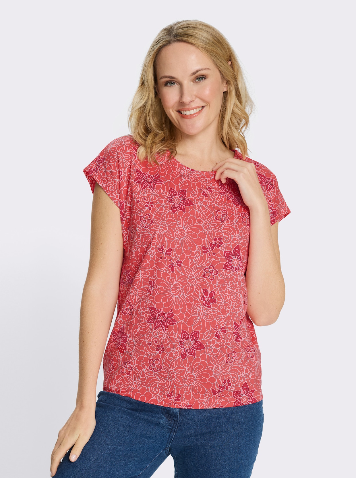 Kurzarmshirt mit Blumenprint - koralle-erdbeere-bedruckt