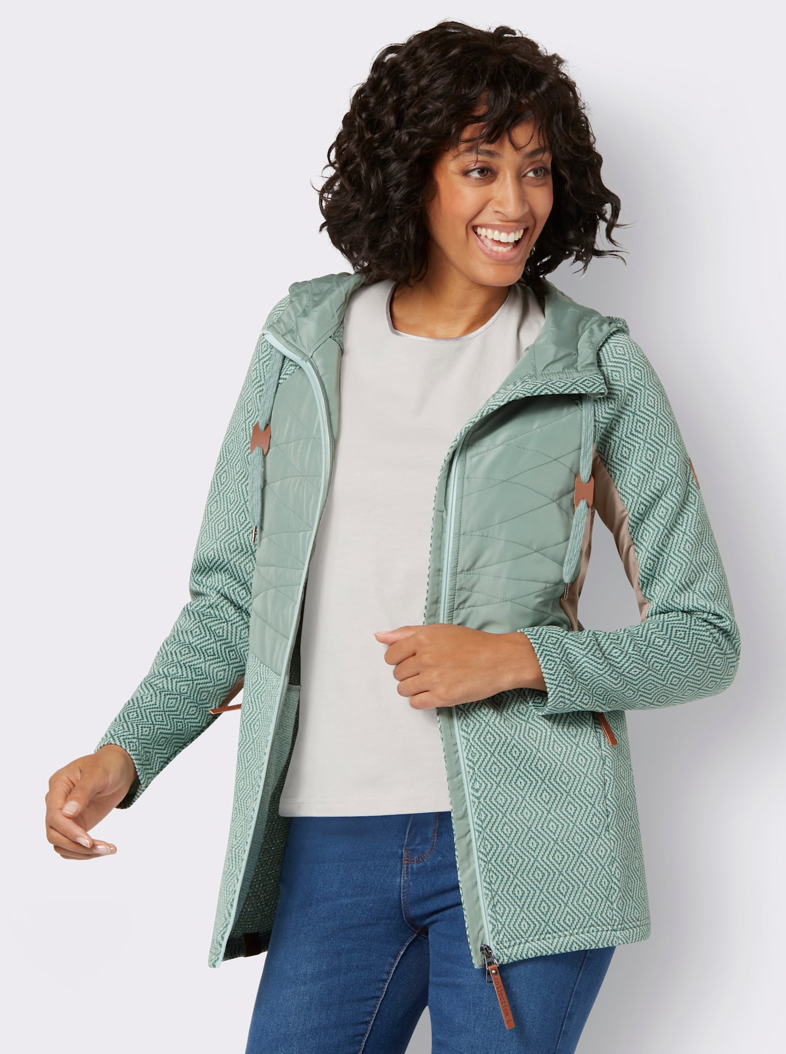Strickfleece-Jacke in Longform - kalkmint-jade-gemustert