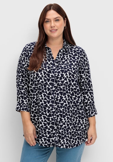 Longbluse - weiß-marine-gemustert