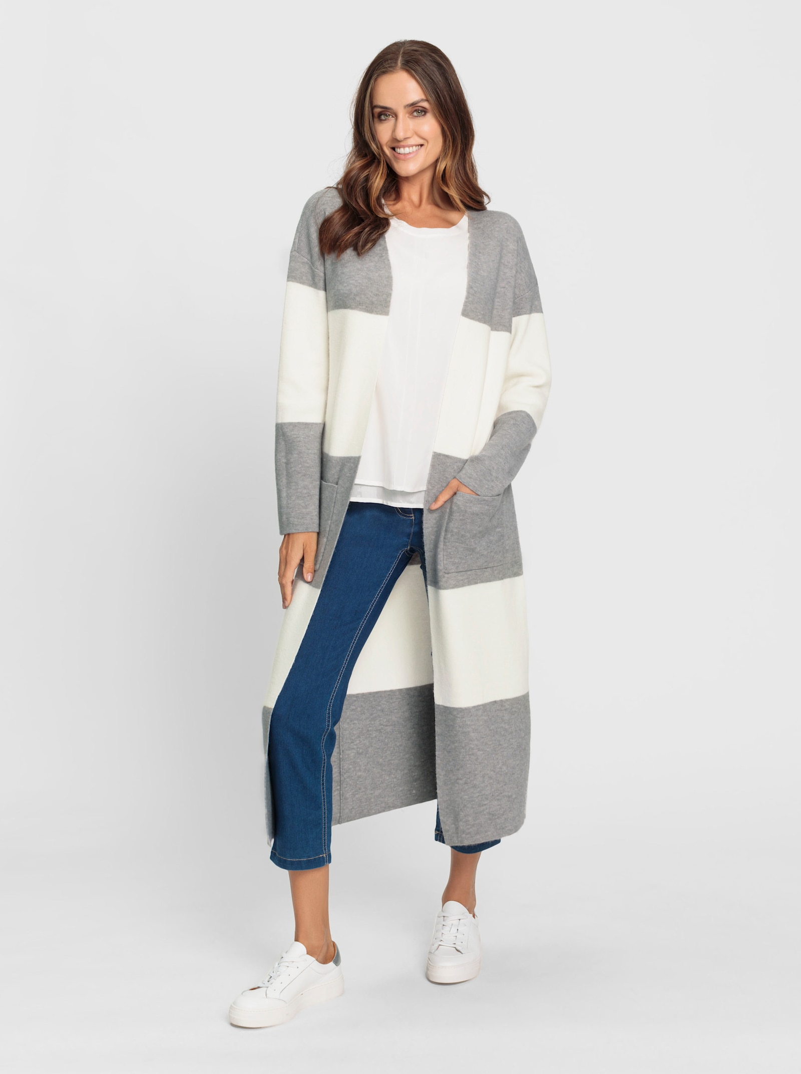 heine Lang vest zonder sluiting - steengrijs/ecru gestreept