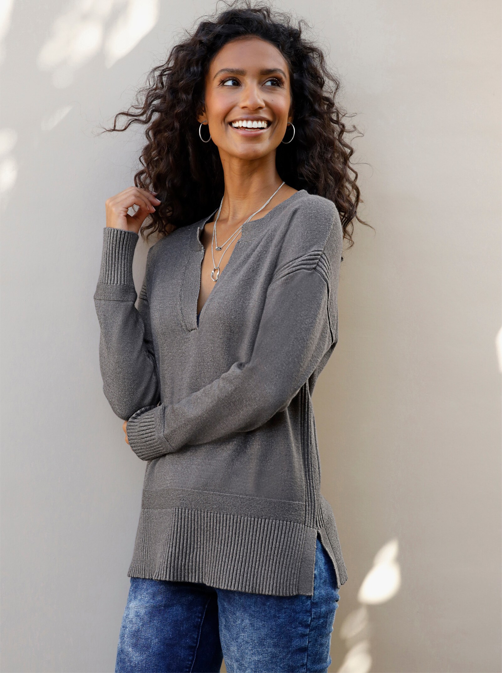 heine Pullover mit Seitenschlitzen - anthrazit-meliert
