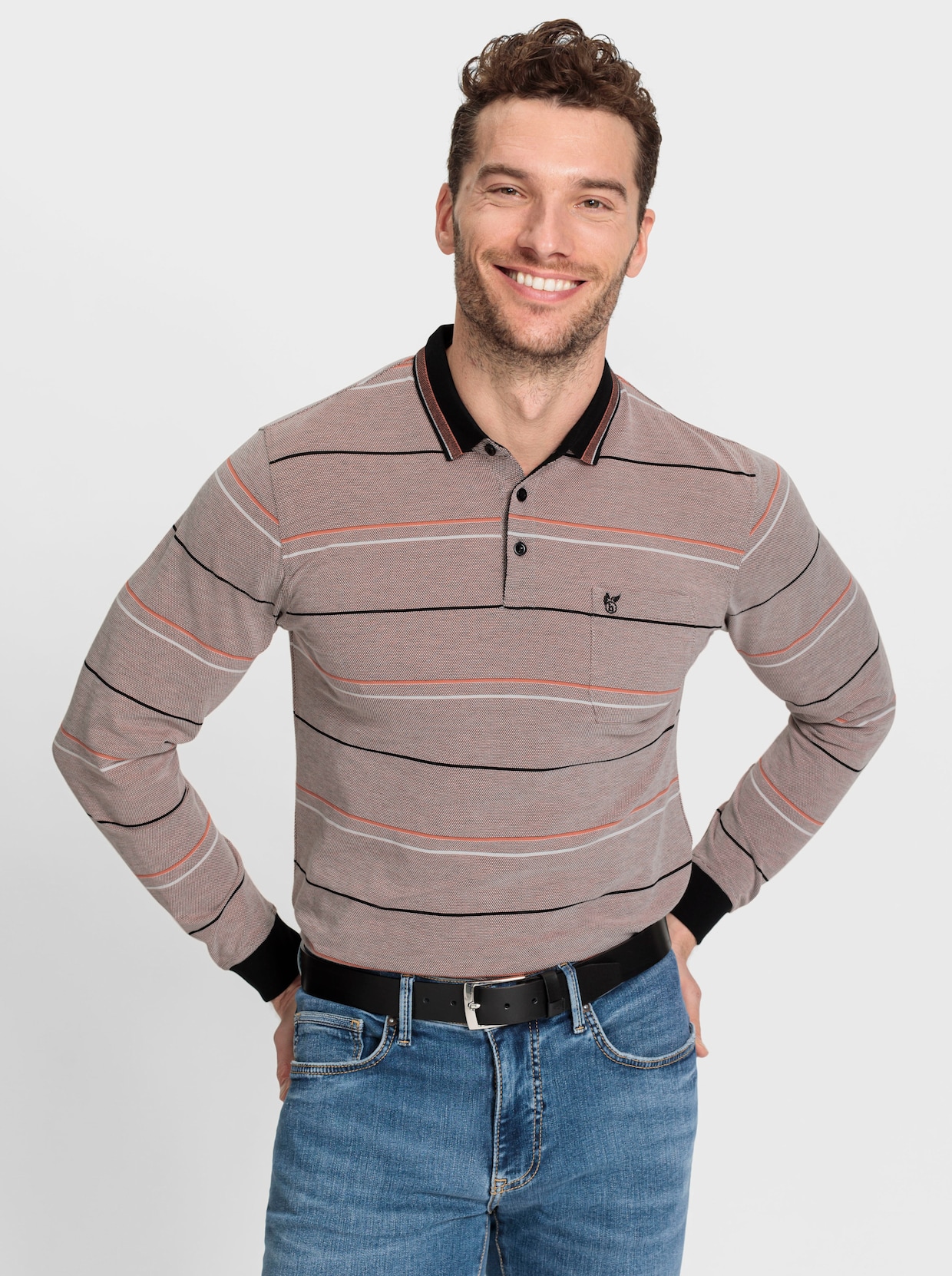 Hajo Poloshirt met lange mouwen - papaja/zwart gestreept