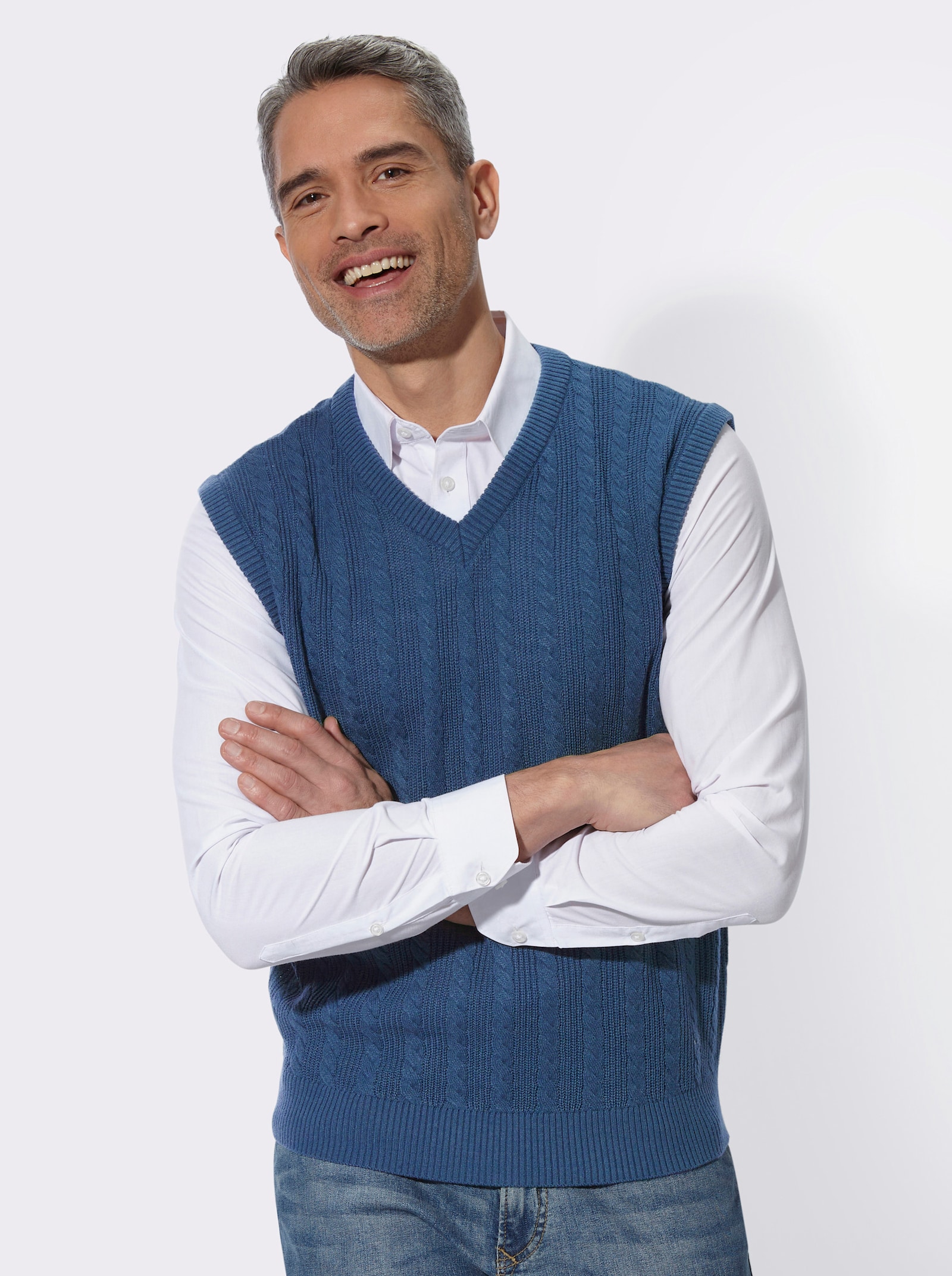 Pullunder mit Zopf- und Strickmuster - jeansblau