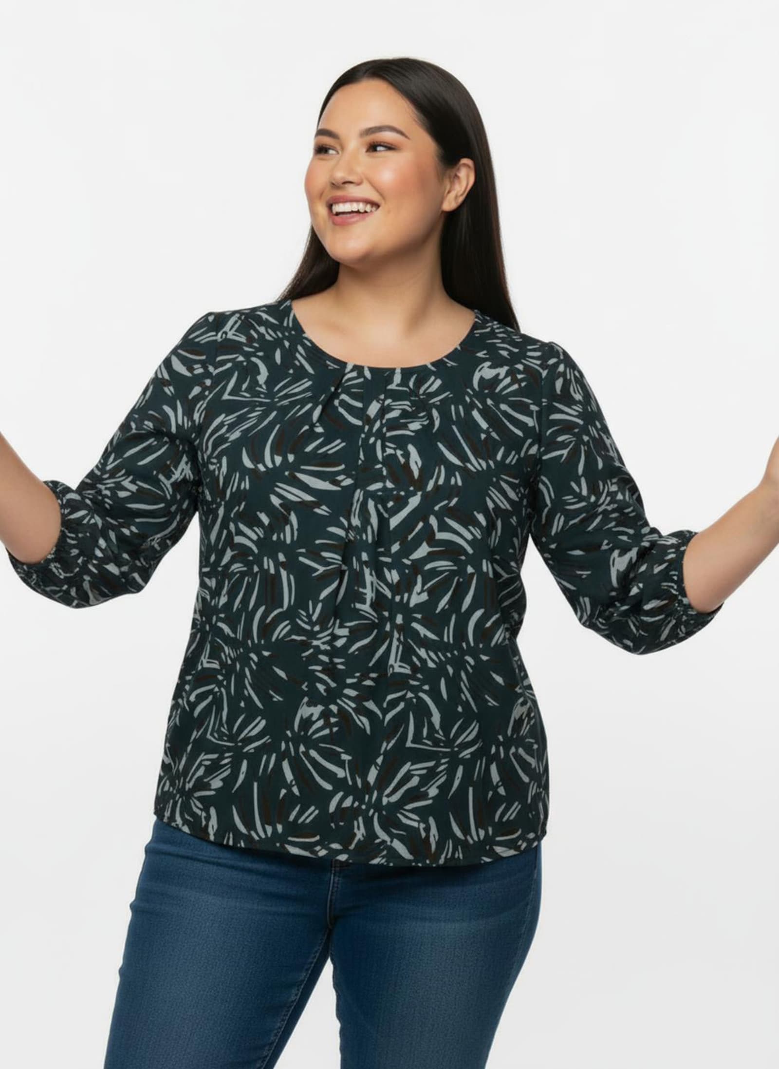 Druckbluse in Schlupfform - petrol-graphit-bedruckt