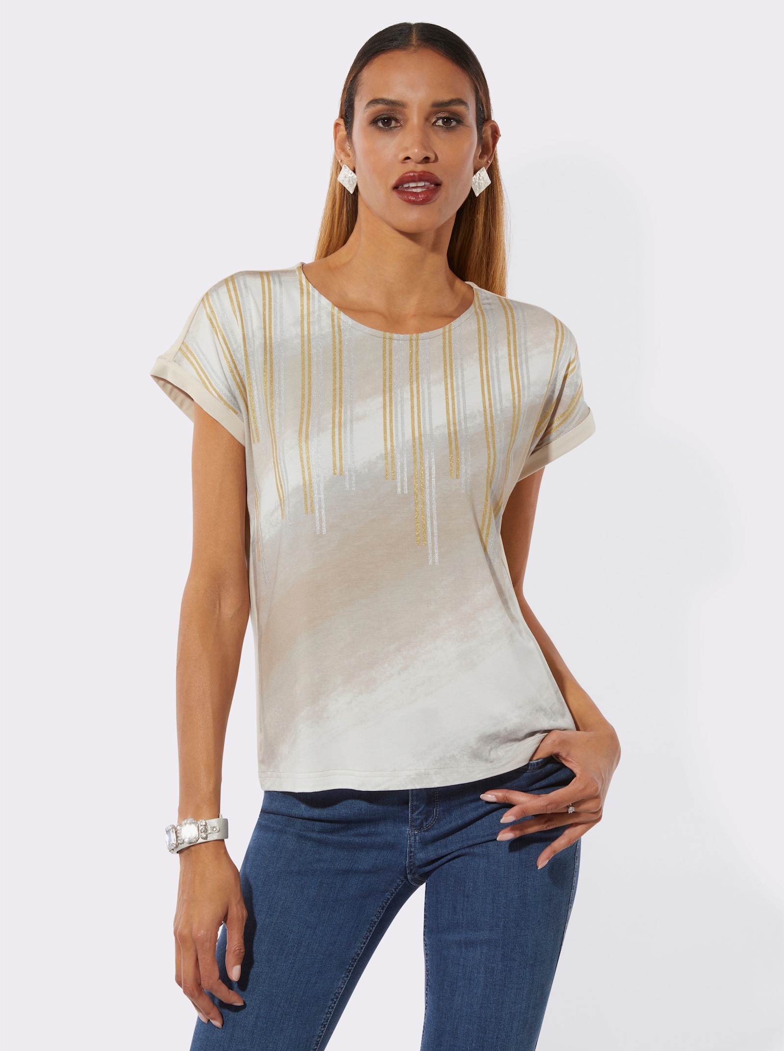 Rundhalsshirt , hinten einfarbig - sand-ecru-bedruckt