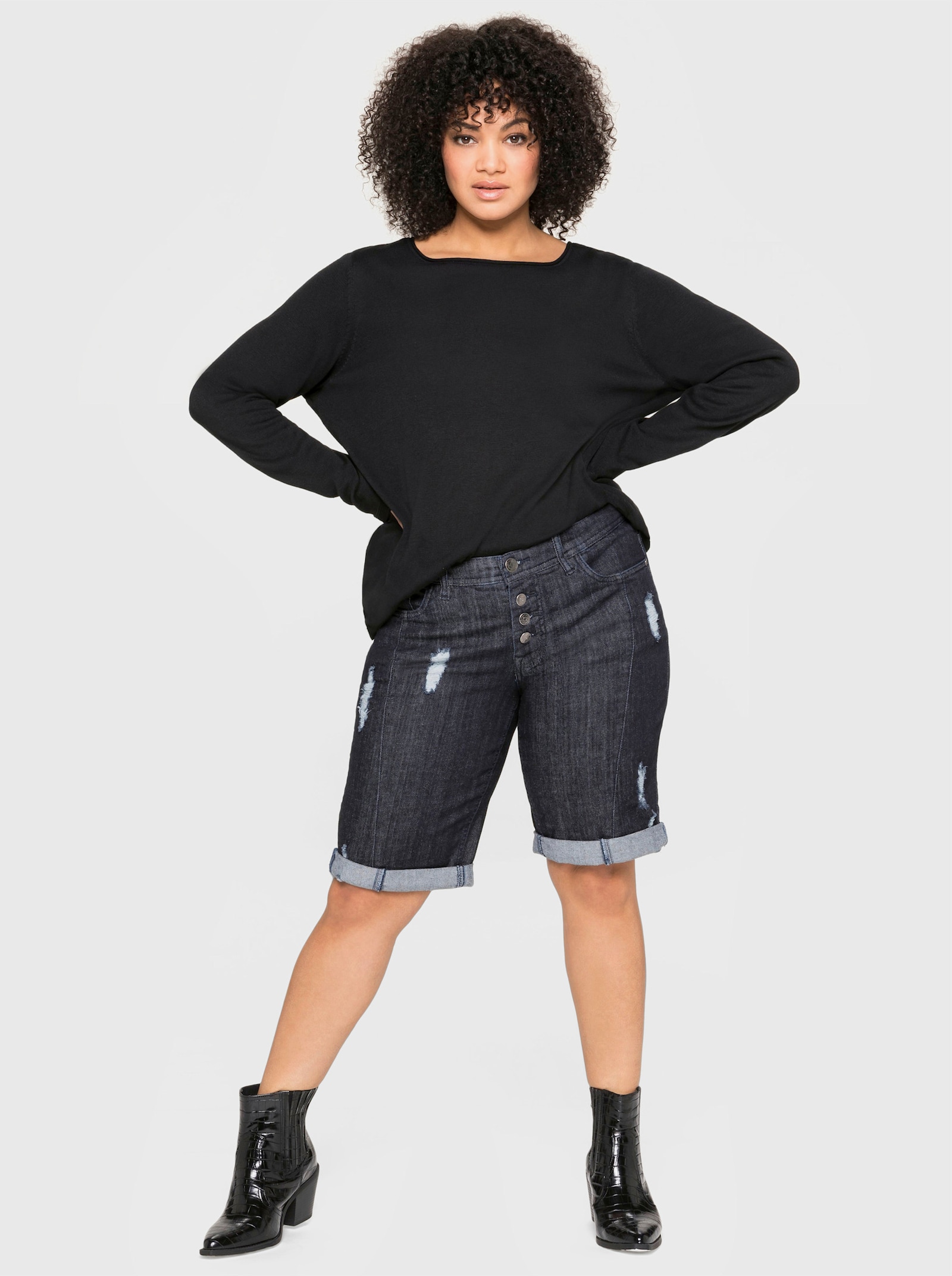 sheego Longpullover mit Leinenanteil - schwarz