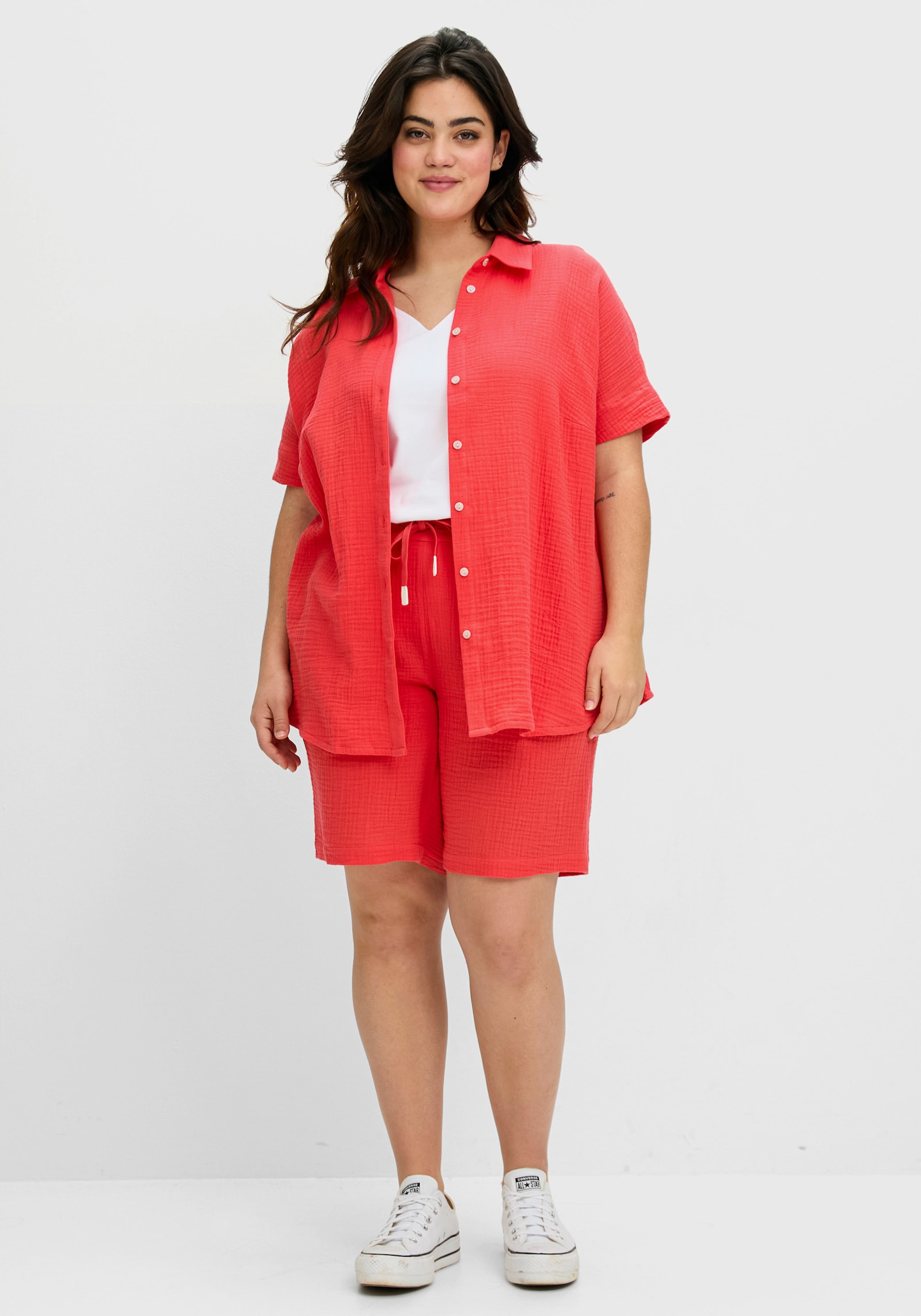 sheego Bermuda met comfortband, van mousseline - langoustine