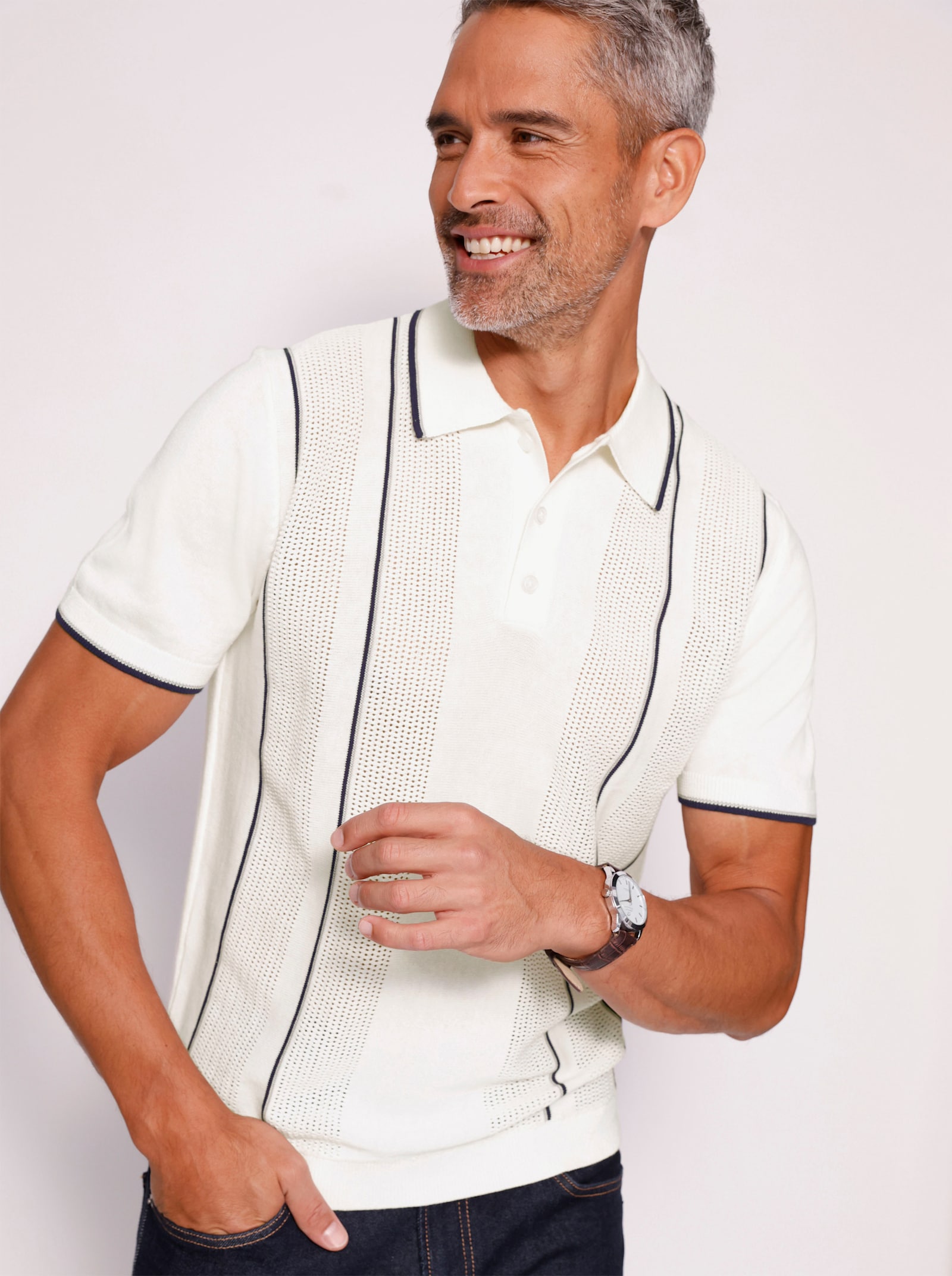 Svetr s límečkem s pleteným vzorem na předním dílu - ecru-námořnická modrá