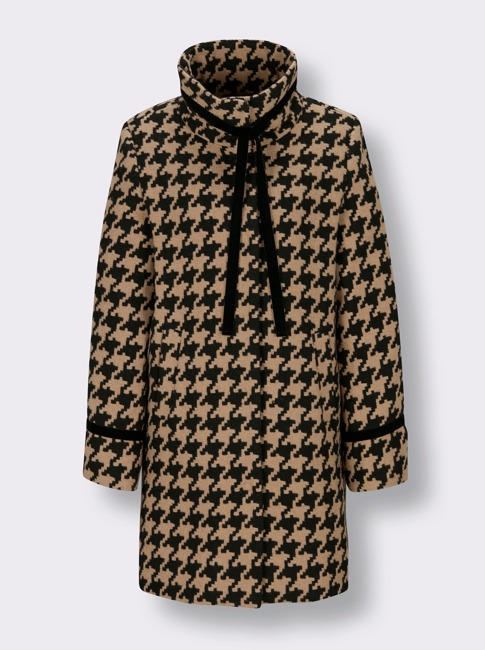 Manisa Wolljacke mit Samt-Verzierungen - schwarz-camel-gemustert