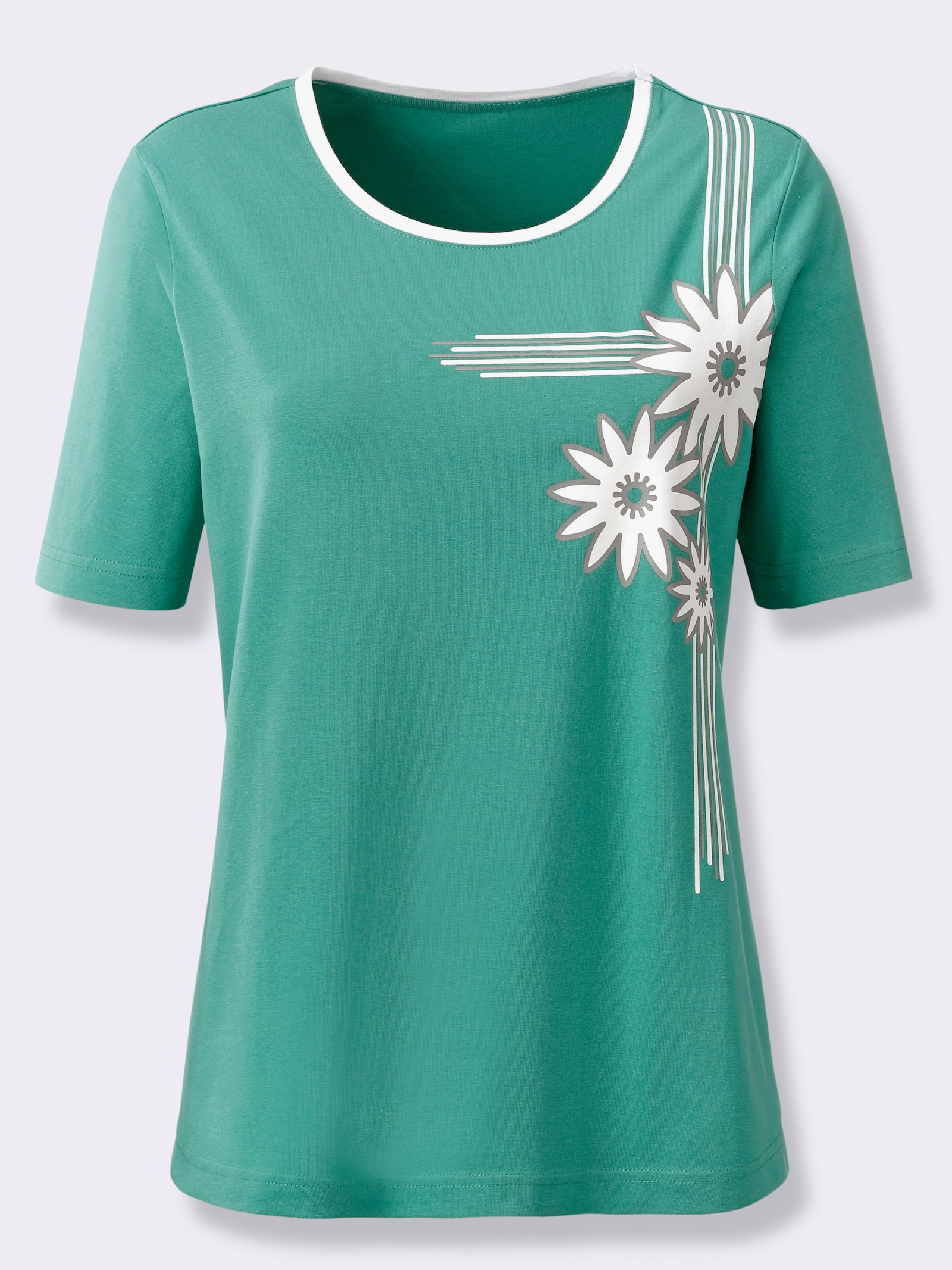 Kurzarmshirt mit platziertem Blütenprint - smaragd