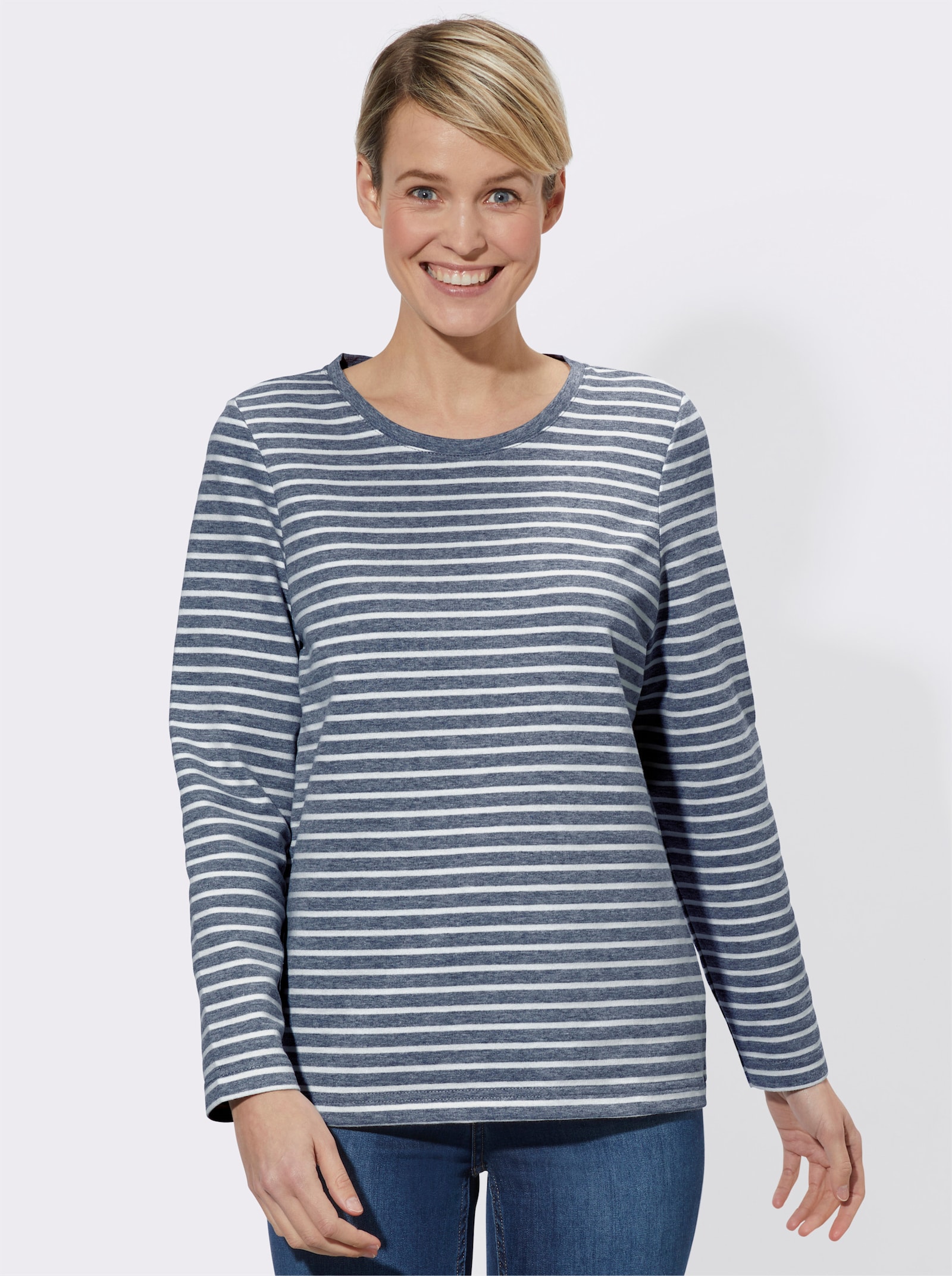 Langarmshirt mit Ringel-Dessin, garngefärbt - jeansblau-gestreift