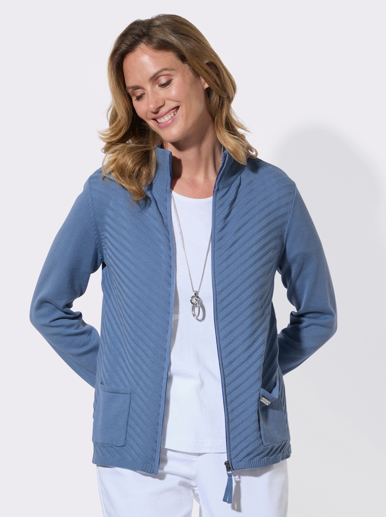 Strickjacke mit gerippten Bündchen - mittelblau