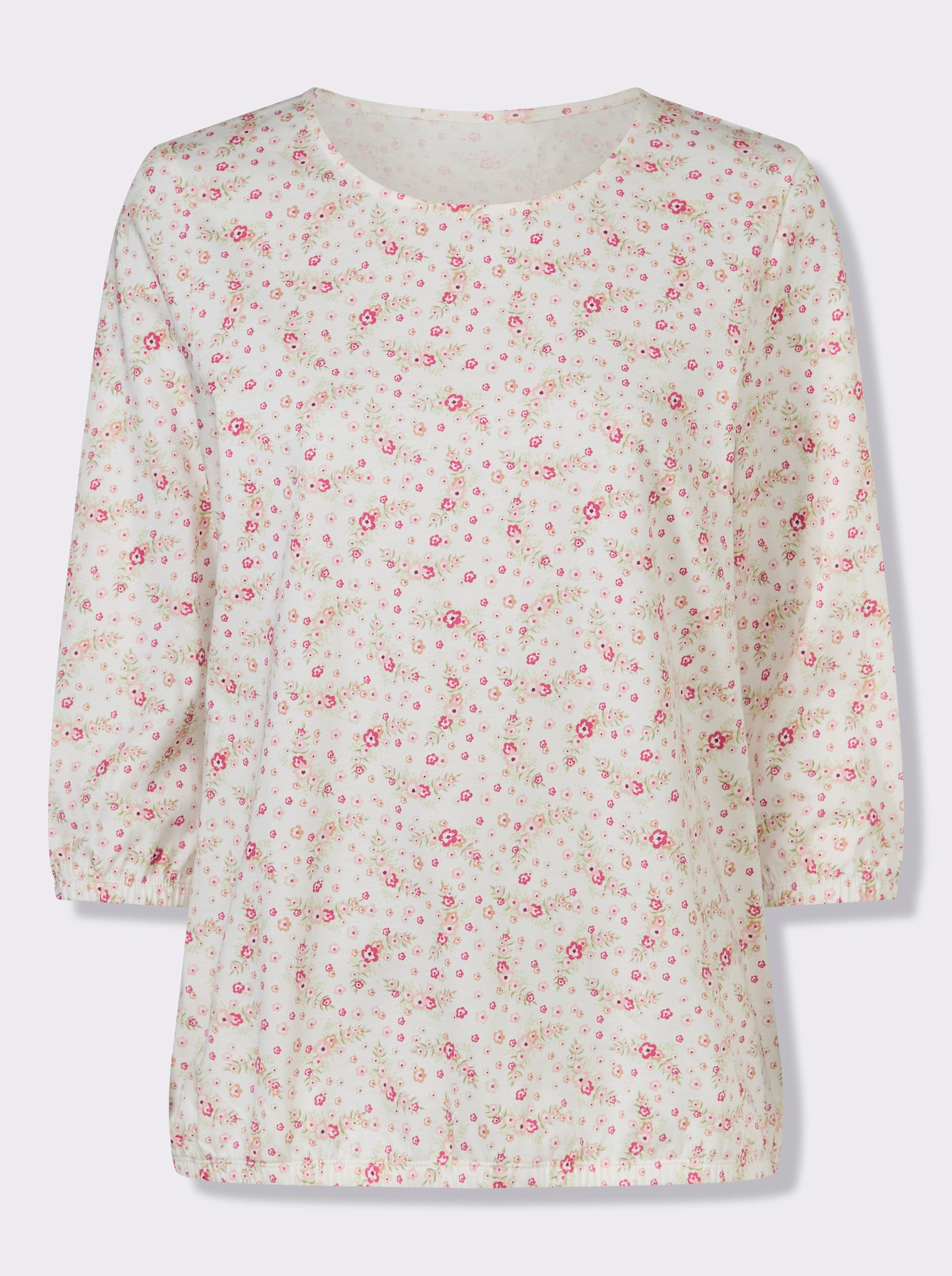 Topp med 3/4-ärm, blommönster - ecru-rosenträ-med tryck