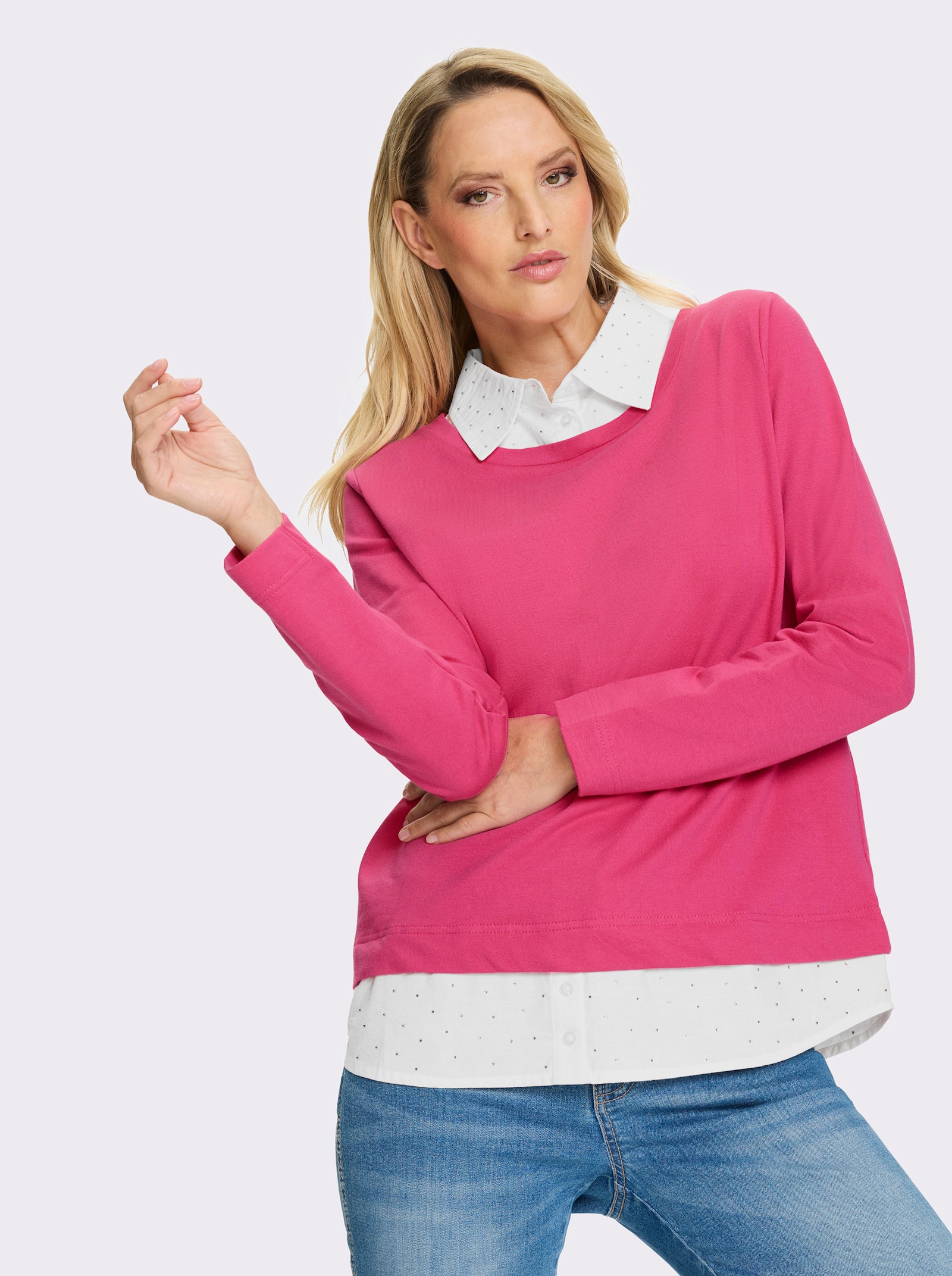 heine Sweatshirt mit Bluseneinsatz - fuchsia-weiss