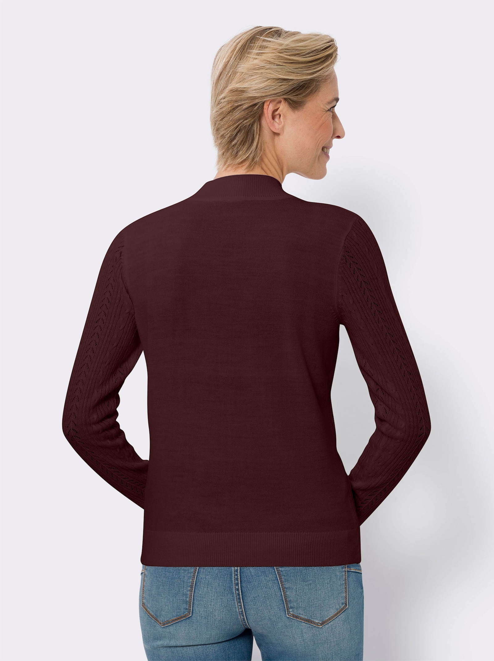 Pulóver s ažúrovým vzorom so stojačikom - Burgundská červená