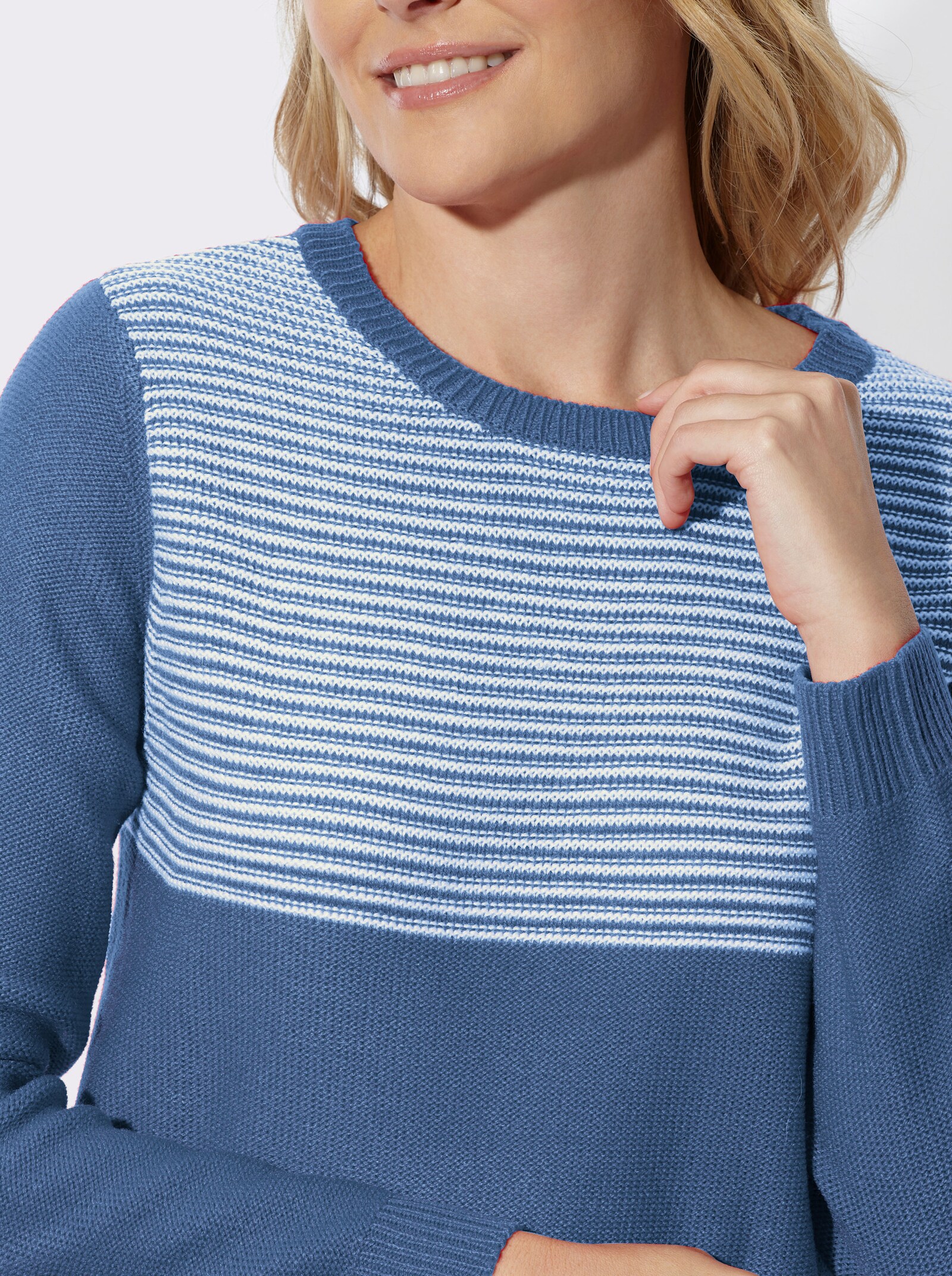 Langarm-Pullover mit Ringelmuster - mittelblau-ecru