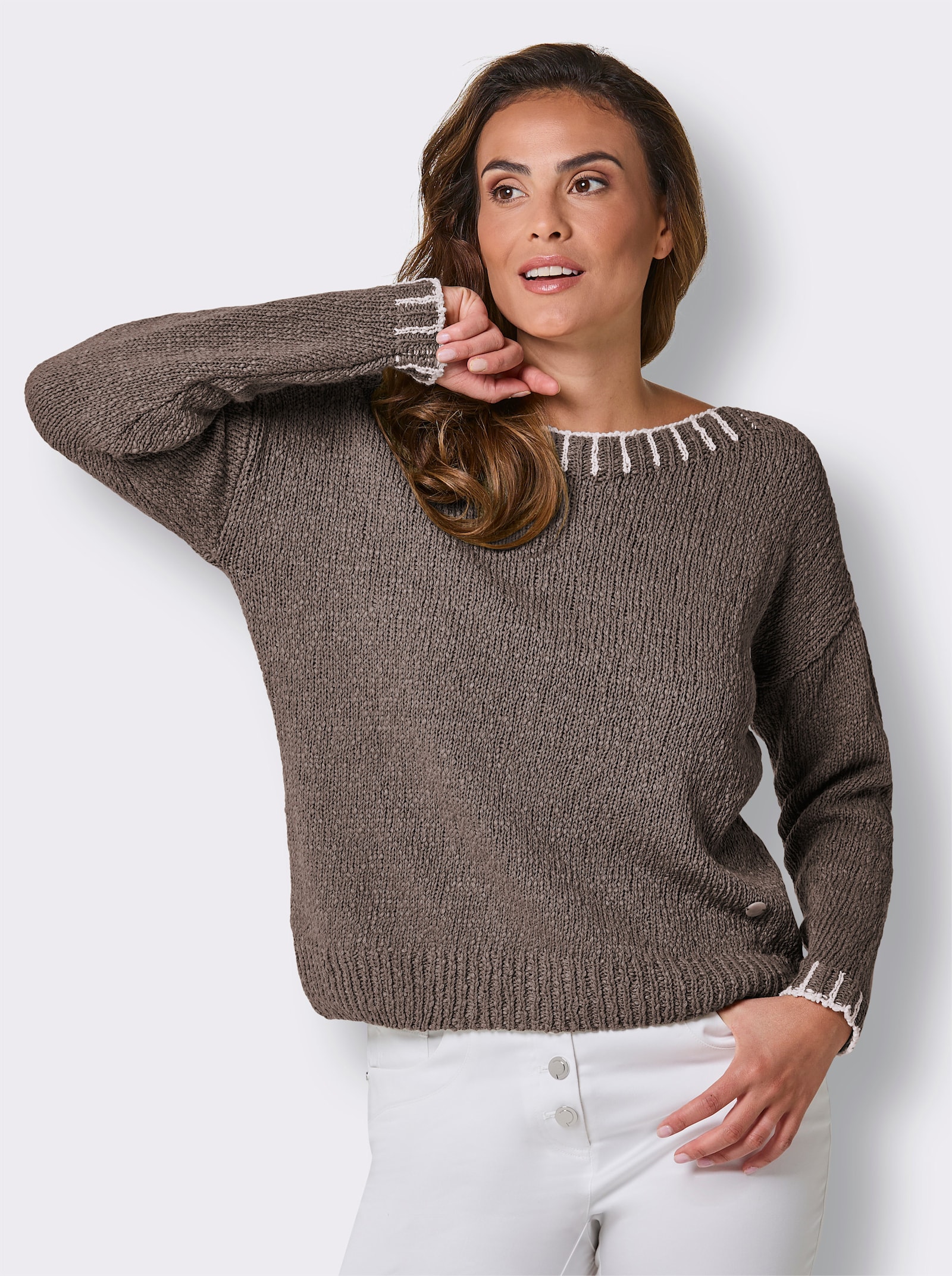 CREATION L PREMIUM Baumwollpullover in Grobstrick-Qualität - taupe