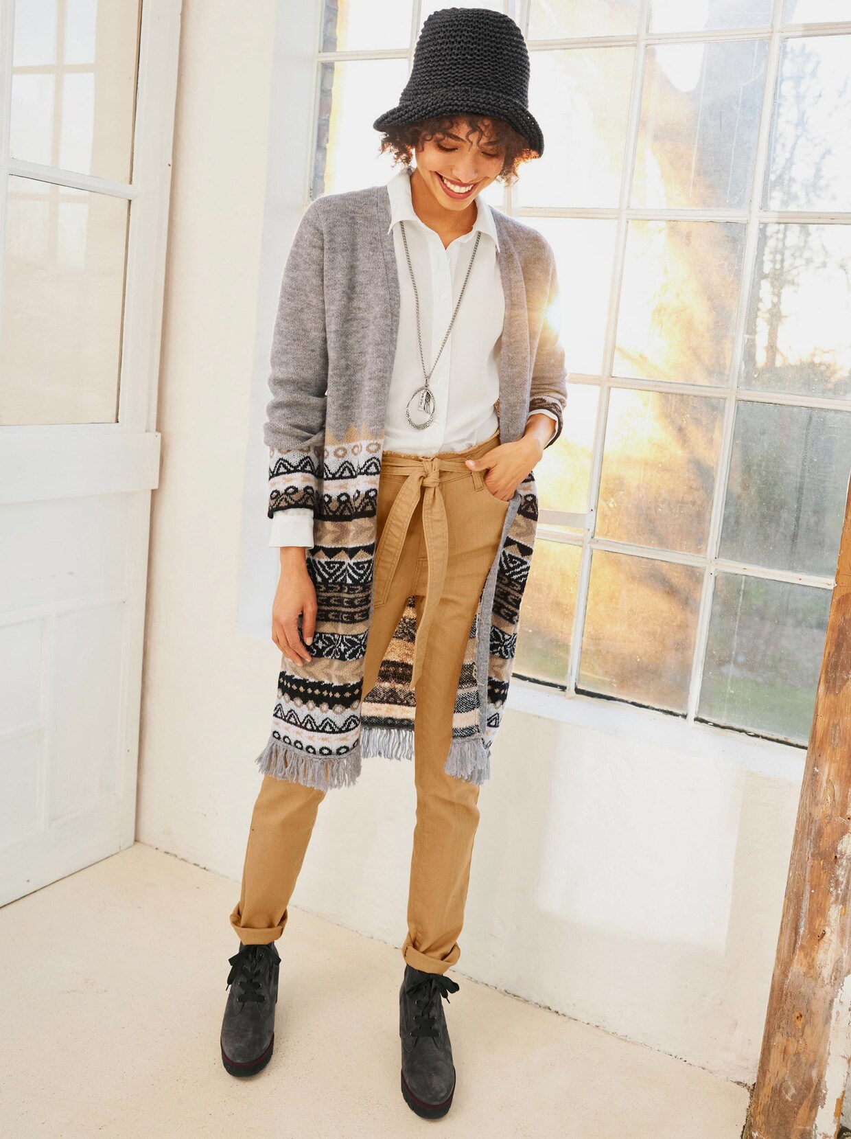 Linea Tesini Strickmantel - steingrau-camel-gemustert