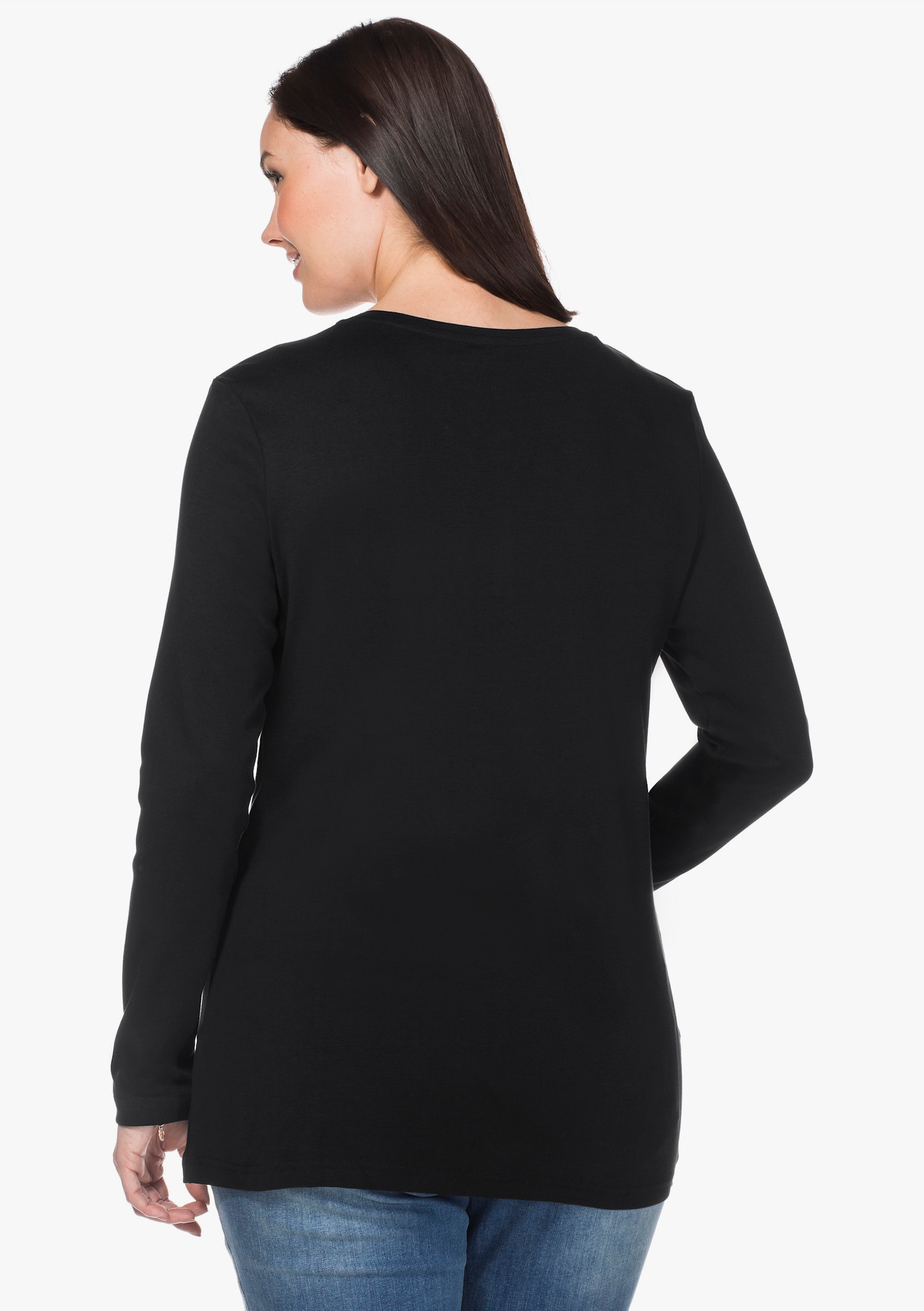 sheego T-shirt à manches longues avec patte de boutonnage, qualité côtelée - noir