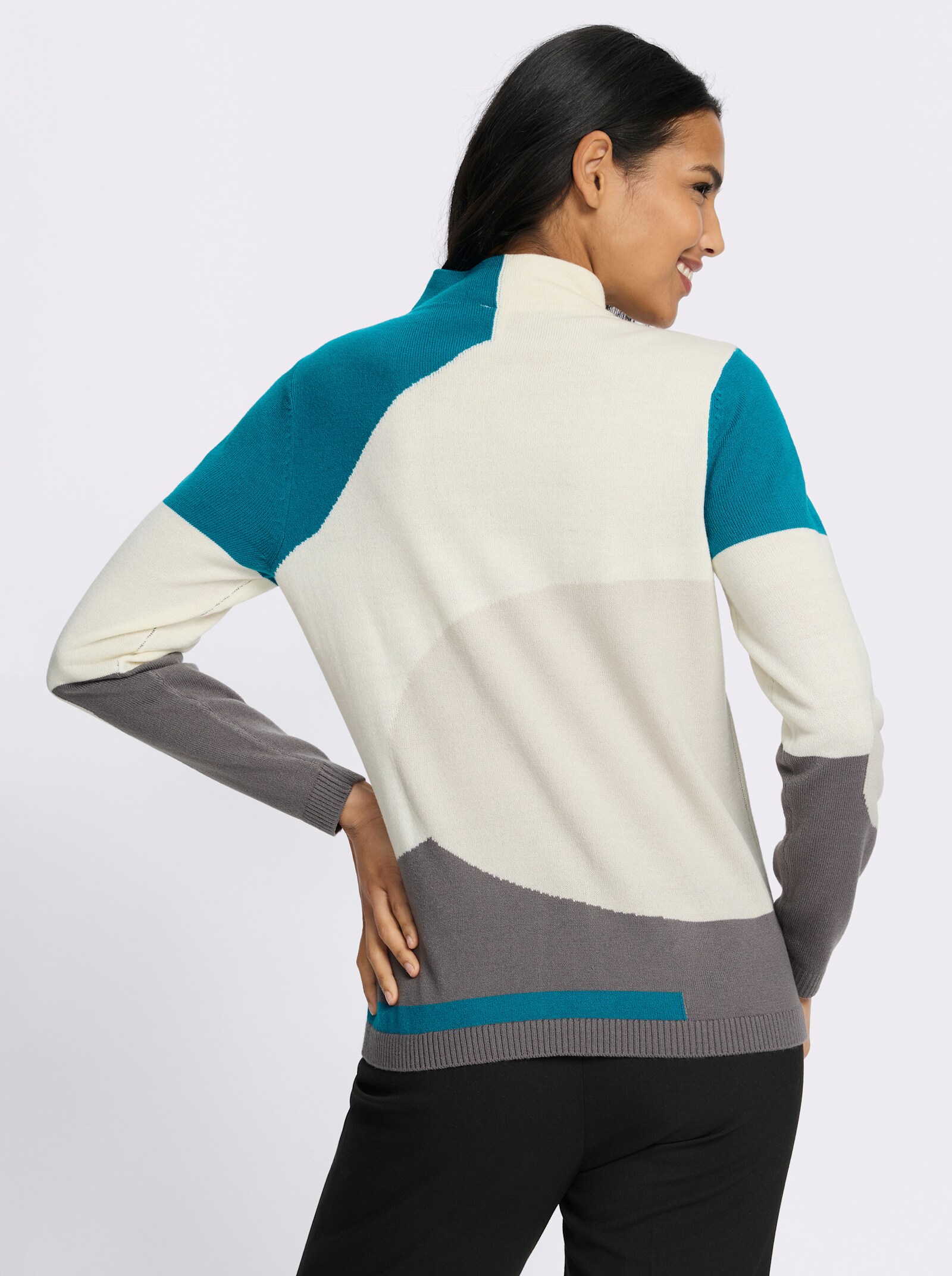 Stehkragenpullover mit Intarsienmuster - champagner-aquapetrol-gemustert