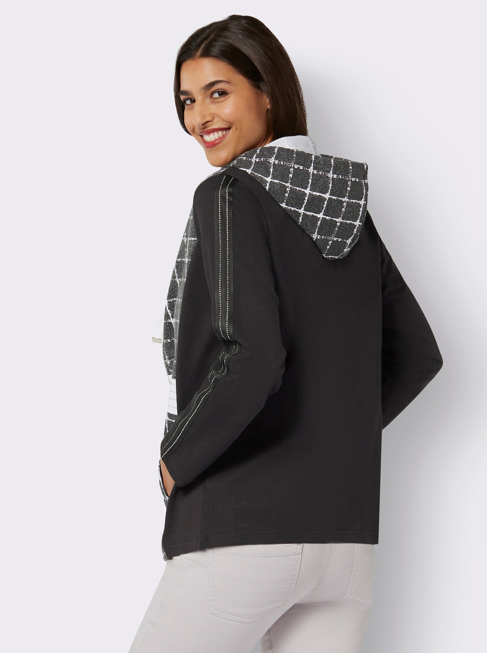 Sweatjacke mit Karo-Muster vorne - schwarz-ecru-gemustert