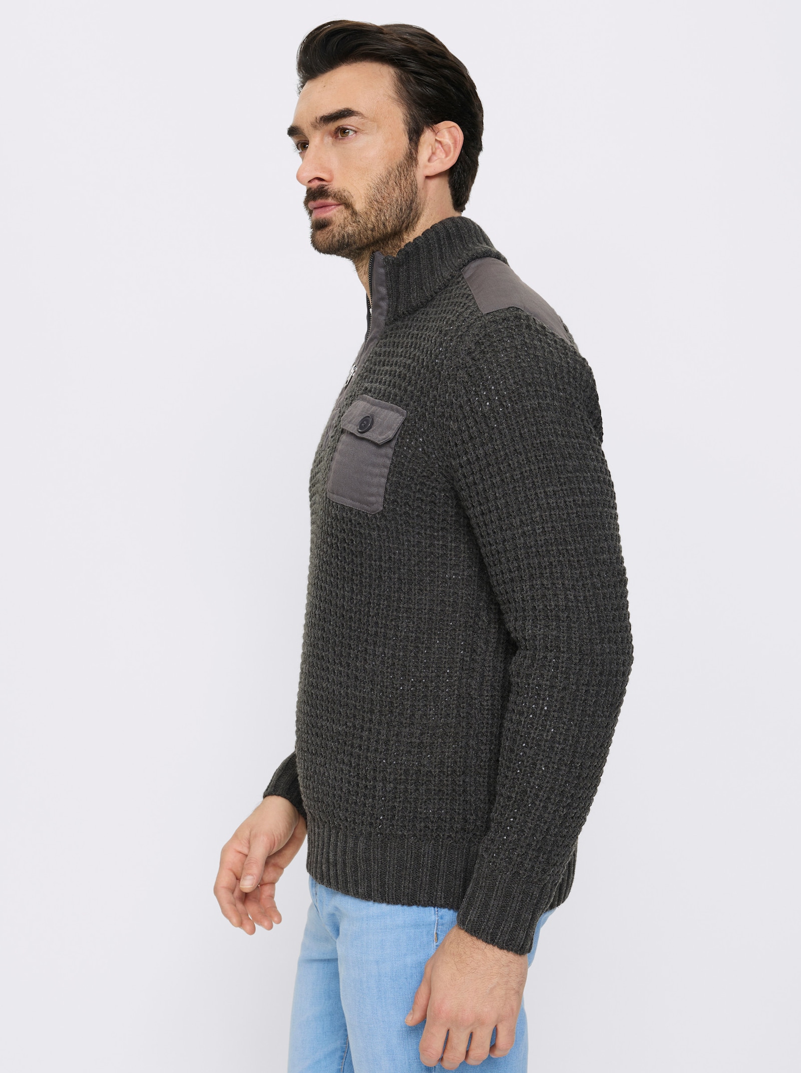 Marco Donati Langarm-Pullover mit gewebten Besätzen - graphit-meliert