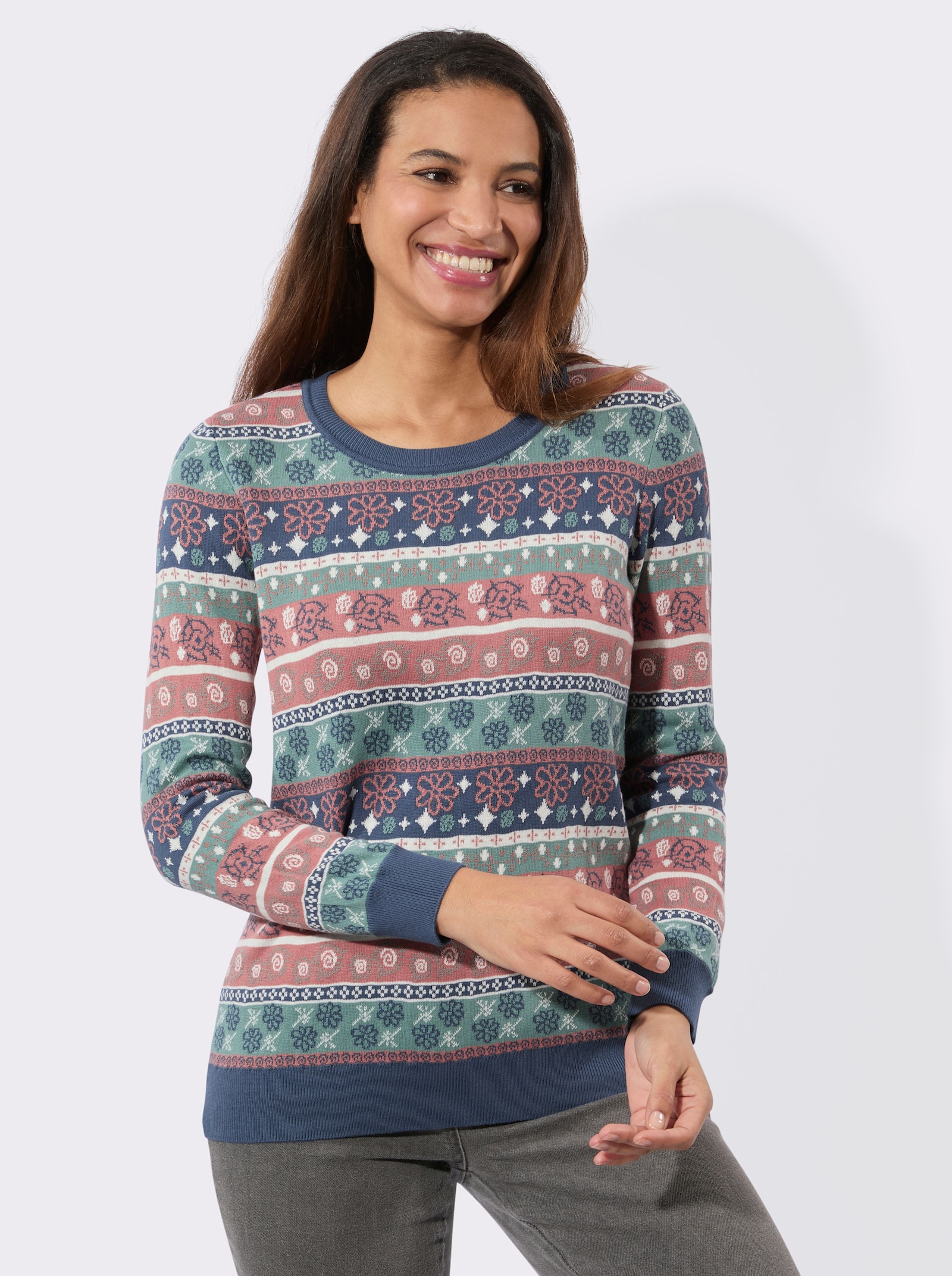 Jacquard-Pullover mit Rippbündchen - rauchblau-rosenholz