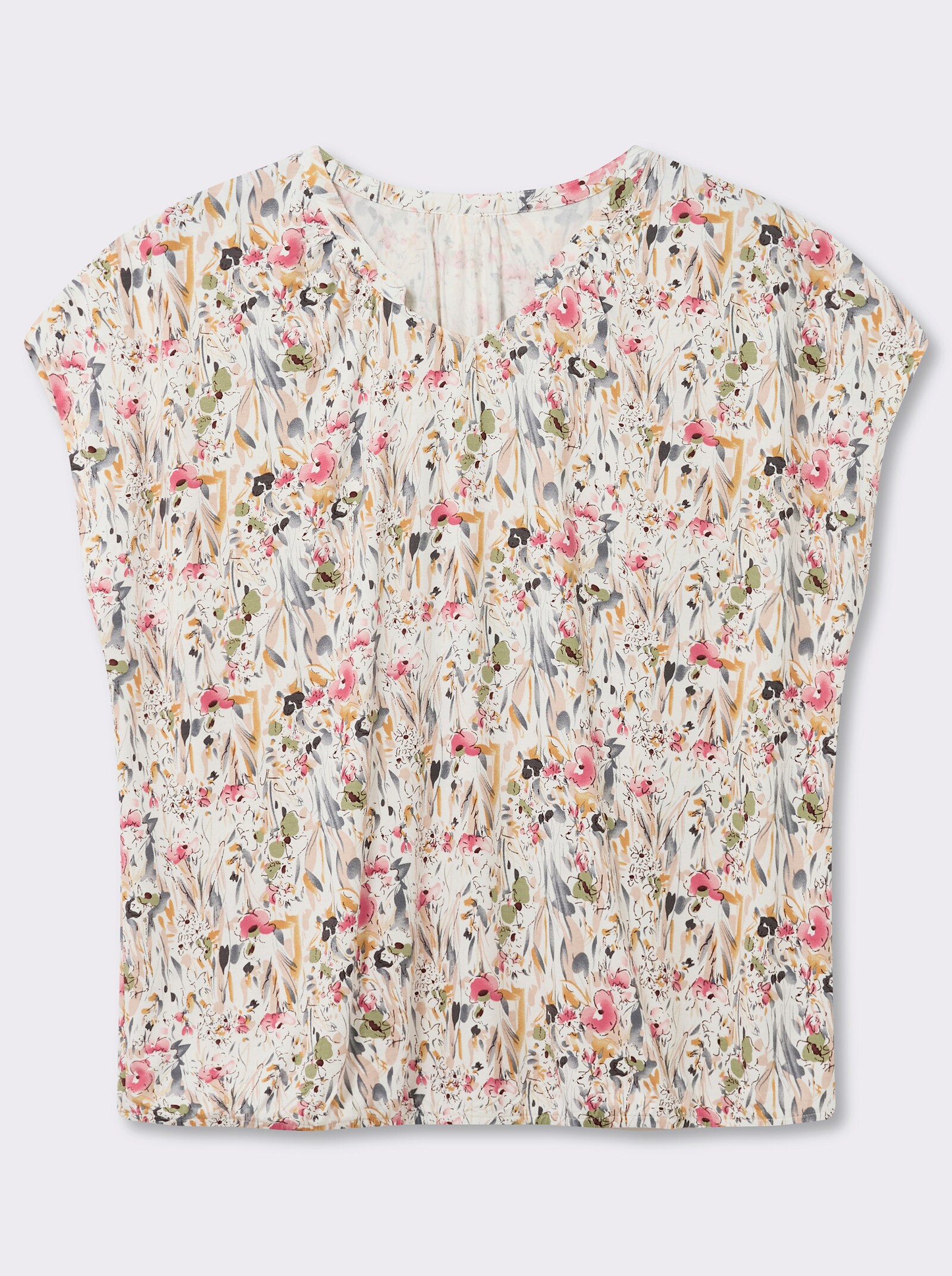 Print-Shirt mit kleinem V und Raffung am Ausschnitt - ecru-bedruckt