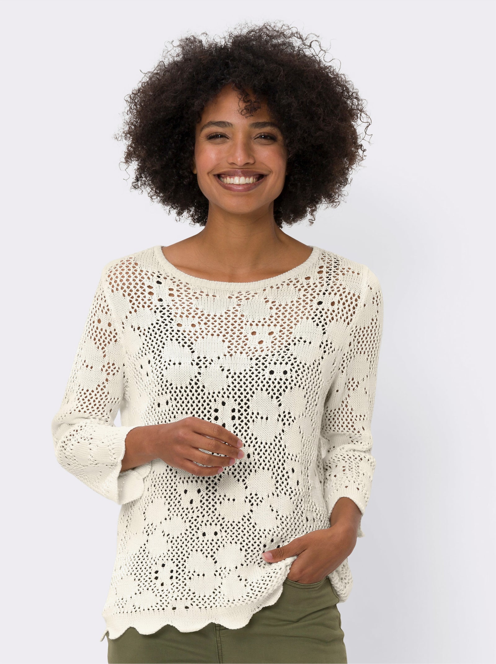 heine Strickpullover mit floralem Ajourmuster - ecru