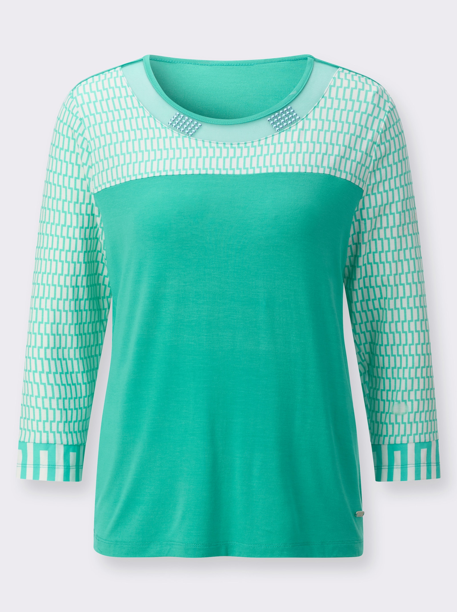 3/4-Arm-Shirt mit Mesh-Einsatz am Ausschnitt - blaugrün-ecru-bedruckt