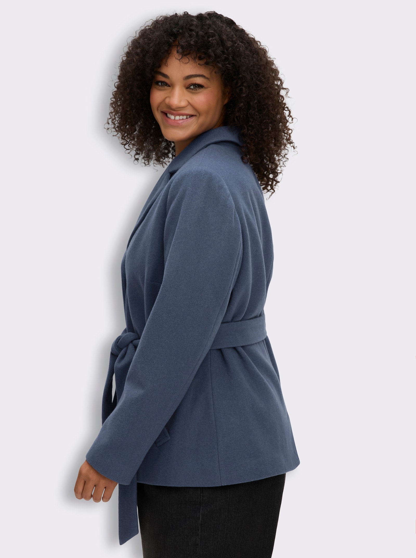 sheego Wolljacke mit Bindegürtel - rauchblau