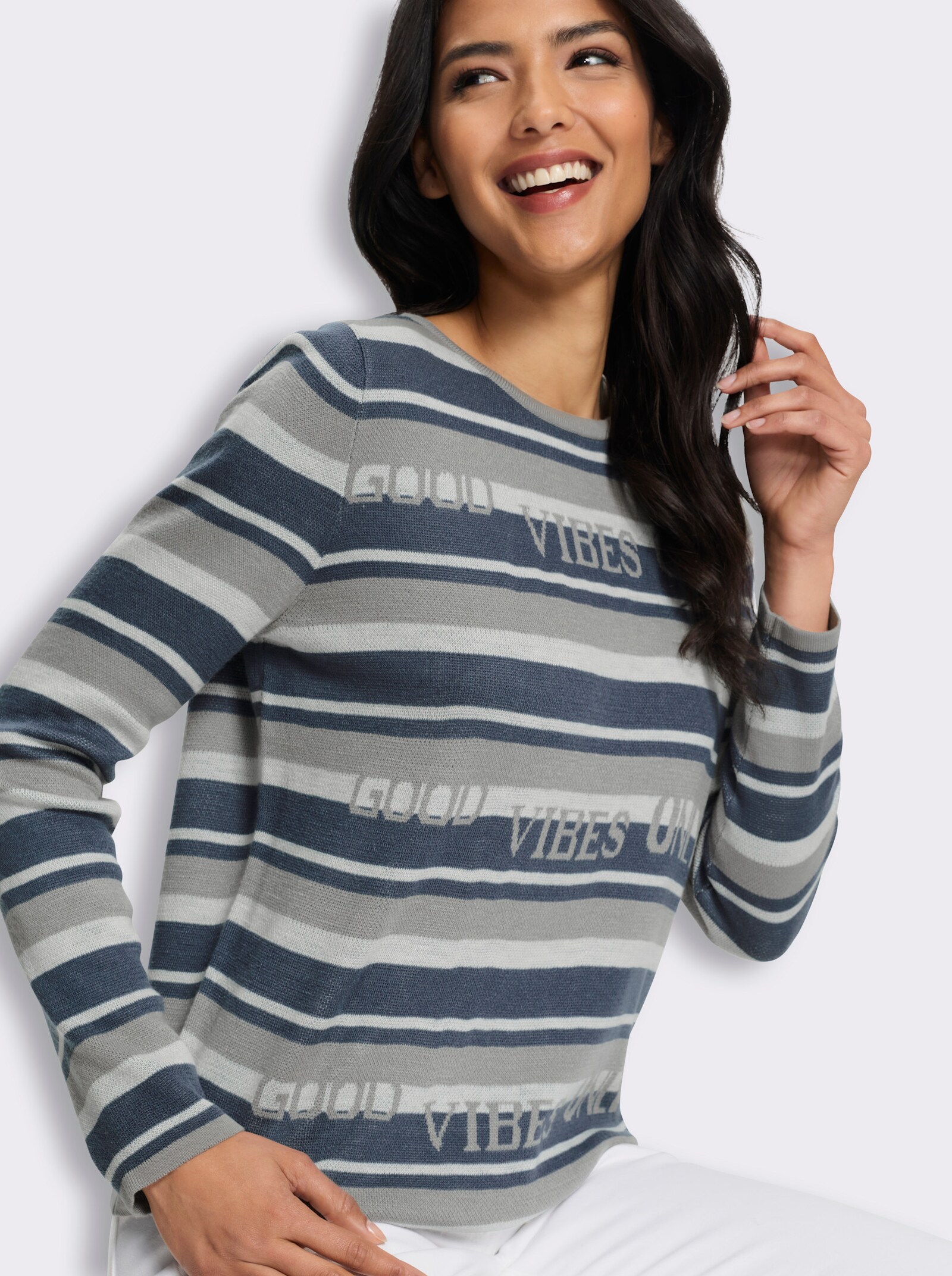 Jacquard-Pullover mit Streifen und Schriftzug - steingrau-rauchblau-gemustert