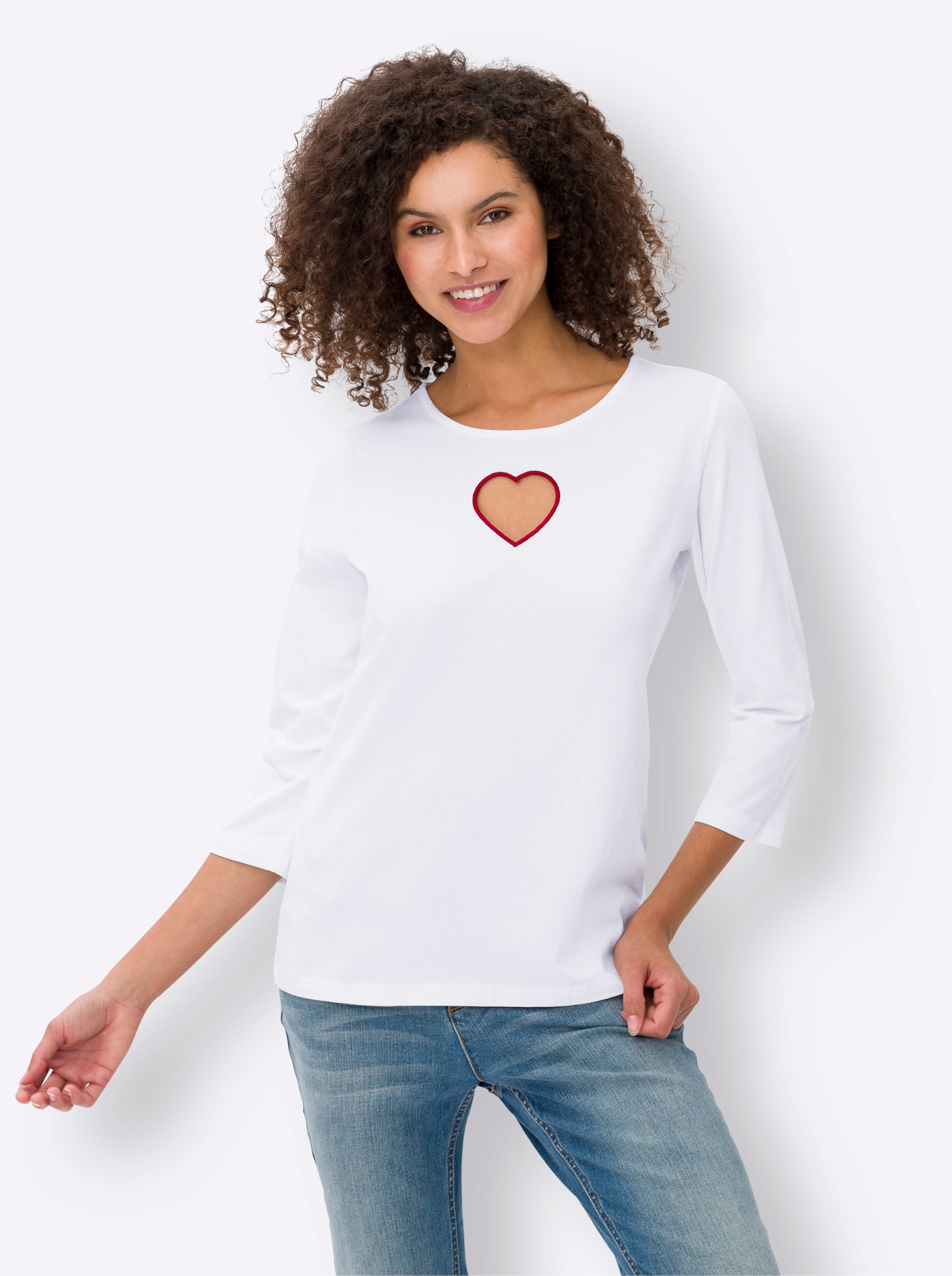 Ein Tick günstig Kaufen-Shirt in weiß von heine. Shirt in weiß von heine <![CDATA[Shirt Mit raffiniertem Cut-out in Herzform und kontrastfarbener Herzstickerei. Rundhals-Ausschnitt, 3/4-Arm. Unterstützt die Initiative Cotton made in Africa.]]>. 