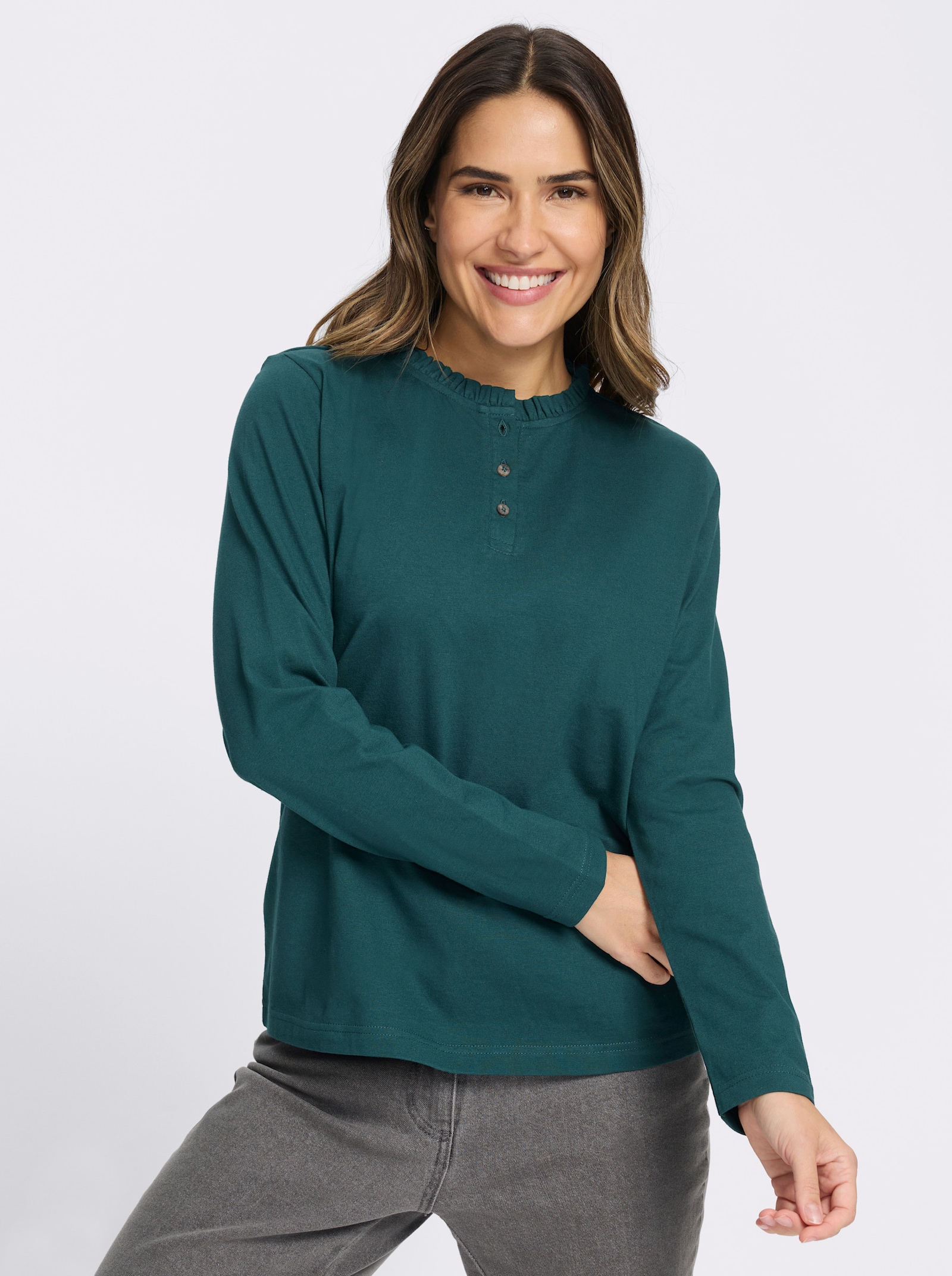 Langarmshirt mit gerüschtem Stehkragen - petrol